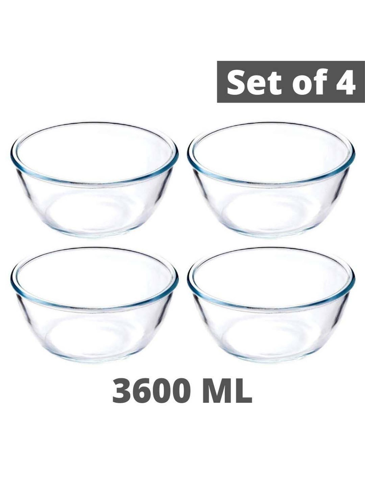 Femora Transparent Borosilicate Glass Microwave Safe All-Purpose Mixing Bowl (3.6 L) - Set of 4