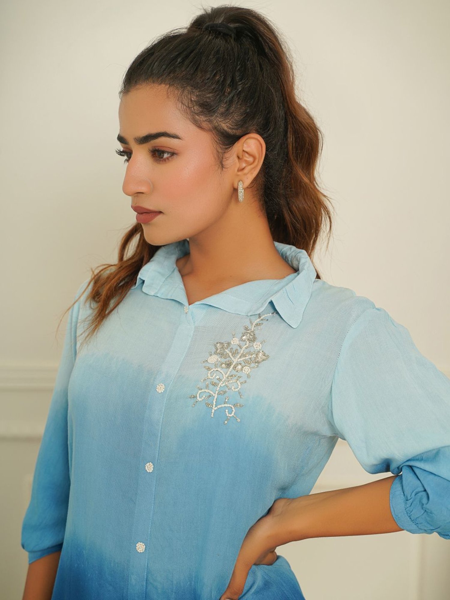 Zolo Label Blue Embroidered Top Pant Set