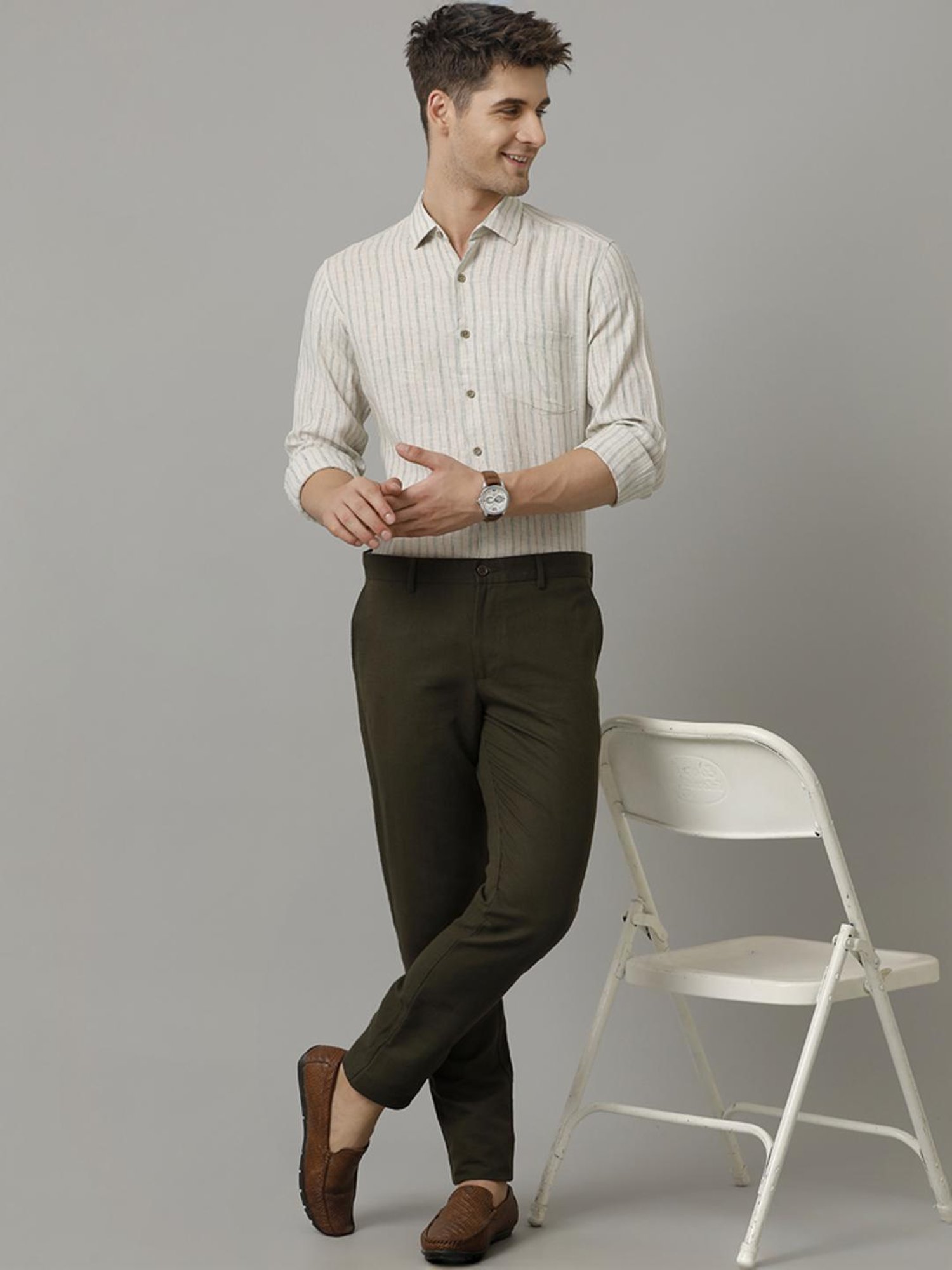 Linen Club Beige Linen Contemporary Fit Striped Shirt