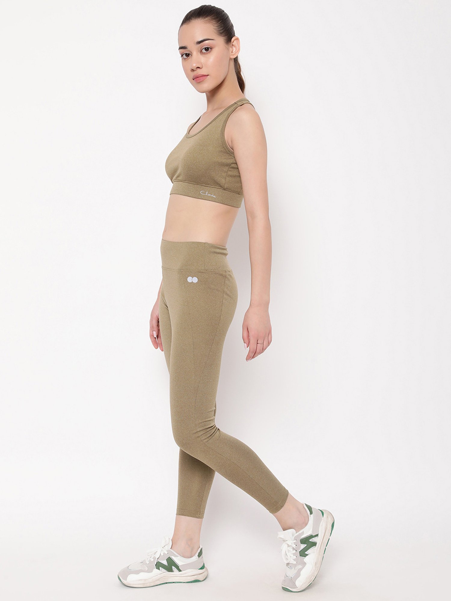 Clovia Dusty Olive Green Padded Sports Bra Tights Set