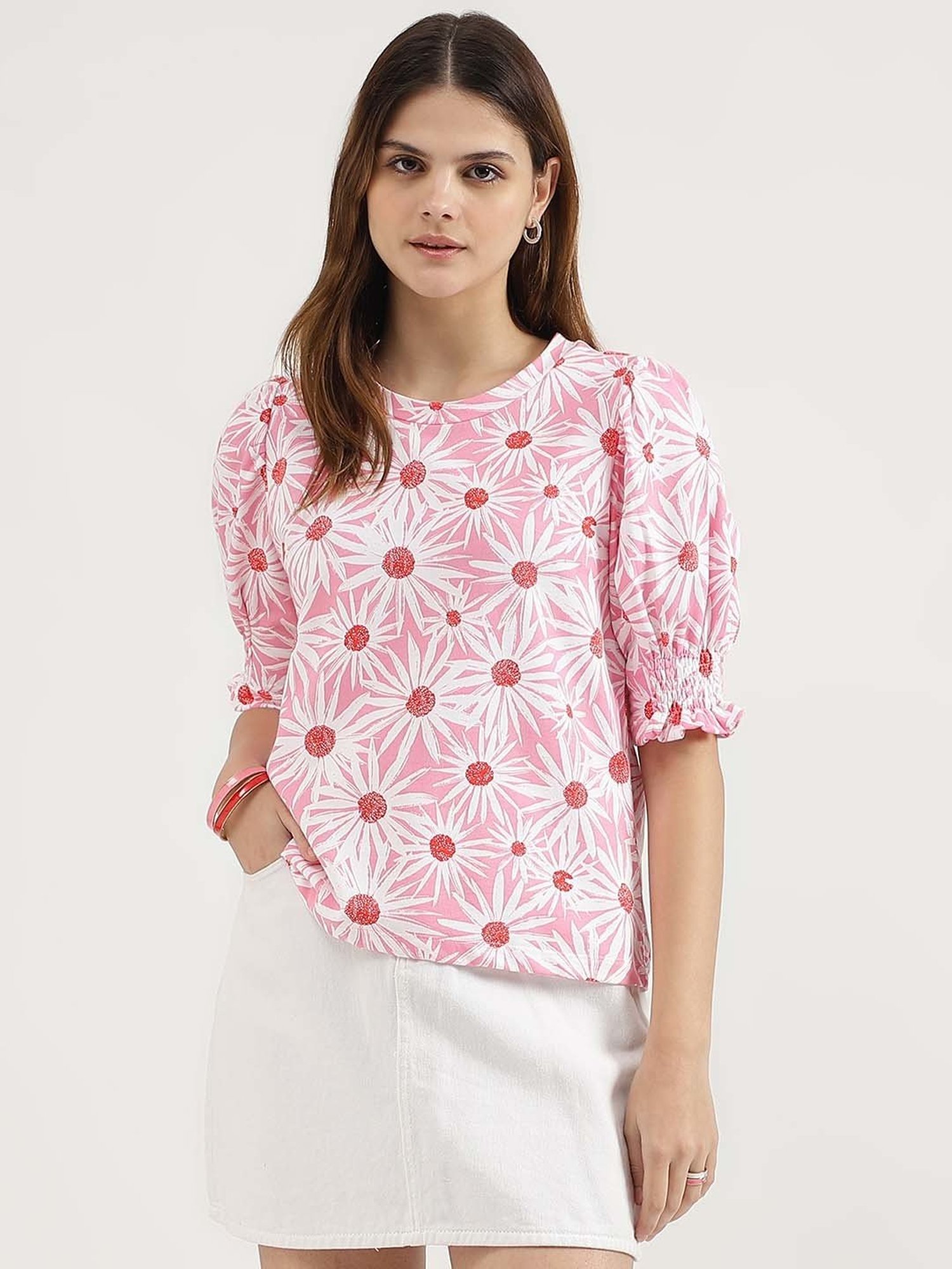 United Colors of Benetton Pink Cotton Printed Top