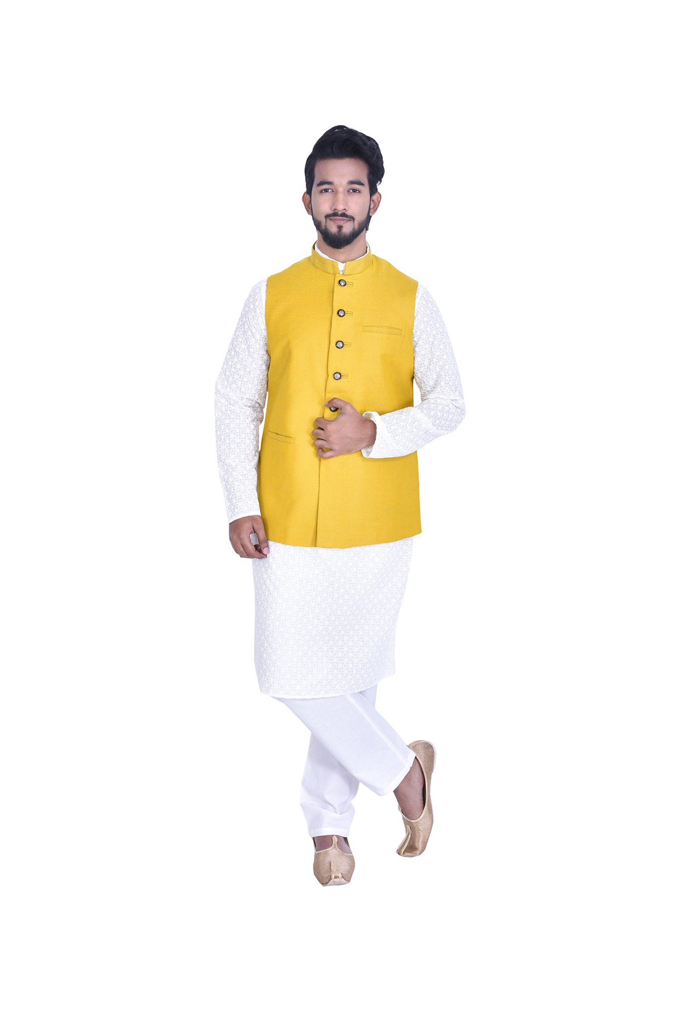 Manyavar Yellow Self Design Ethnic Waistcoat