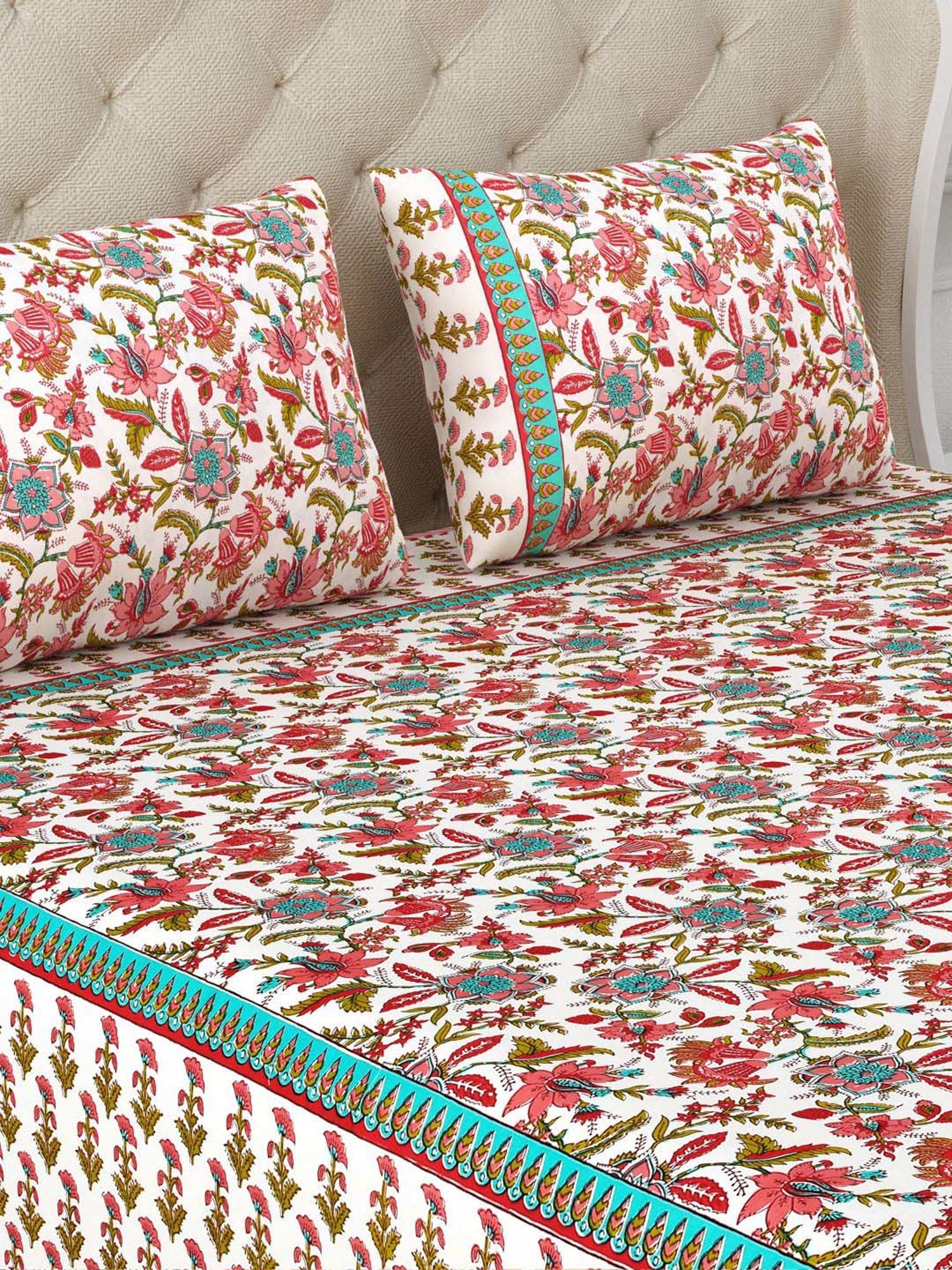 Aapno Rajasthan Rajmahal Blossom Rust & Green Cotton 140 GSM Double Bedsheet With 2 Pillow Cover