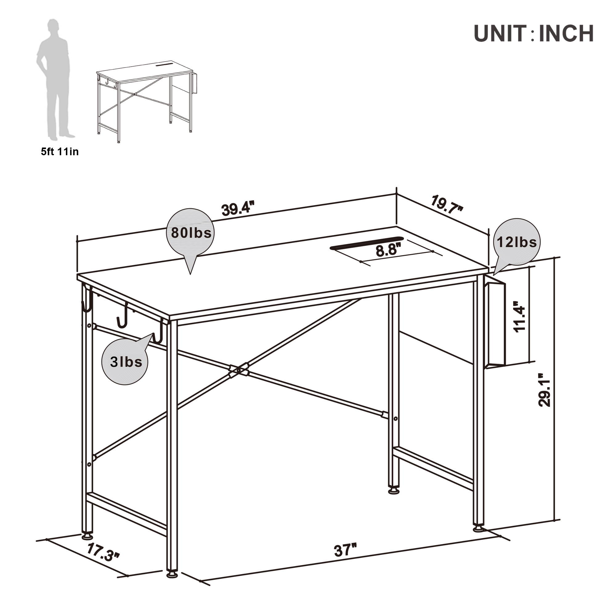 Bestier Computer Desk 47 Inch Office Desk Study Writing Desk, Simple Modern Style Laptop Table with Storage Bag & 3 Little Hook, Retro Gray Top