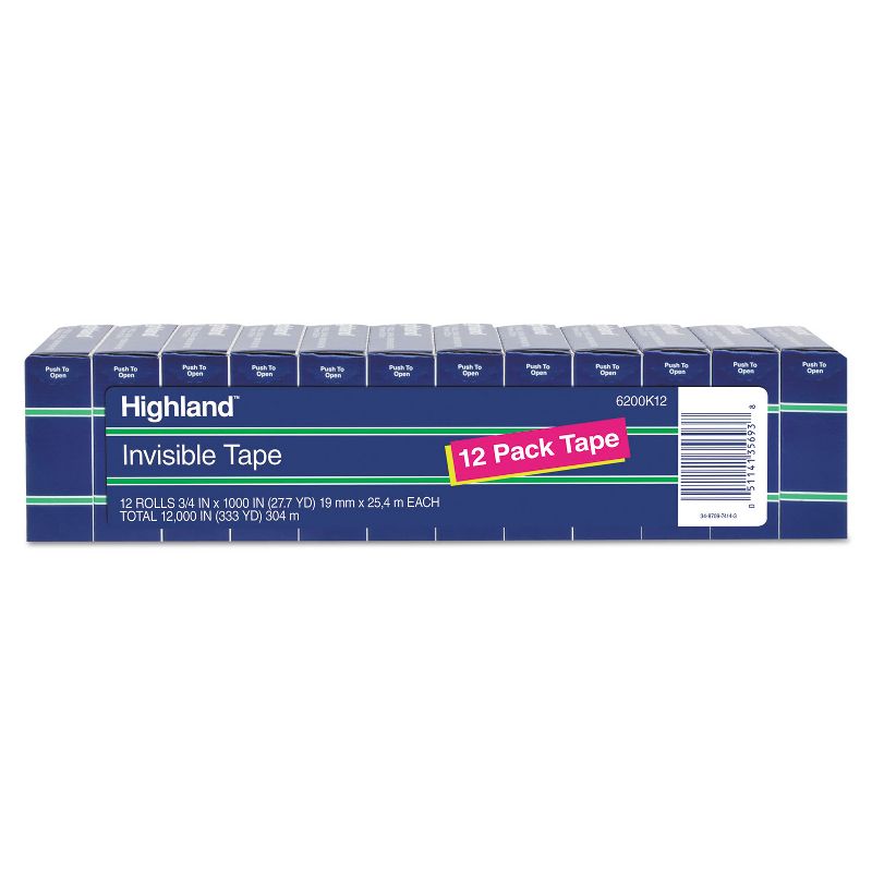 Highland Invisible Permanent Mending Tape 3/4" x 1000" 1" Core Clear 12/Pack 6200K12