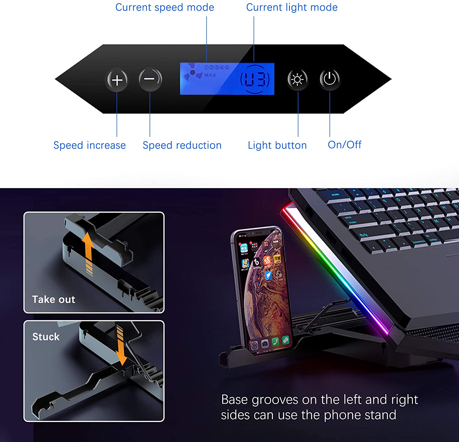 Laptop Cooling Pad Silver Wing Cooler, RGB Lighting Laptop Cooler Fan Compatible 11-17.3" Laptop, 6 Fans Strong Wind and 7 Lighting Mode Adjustable Angle