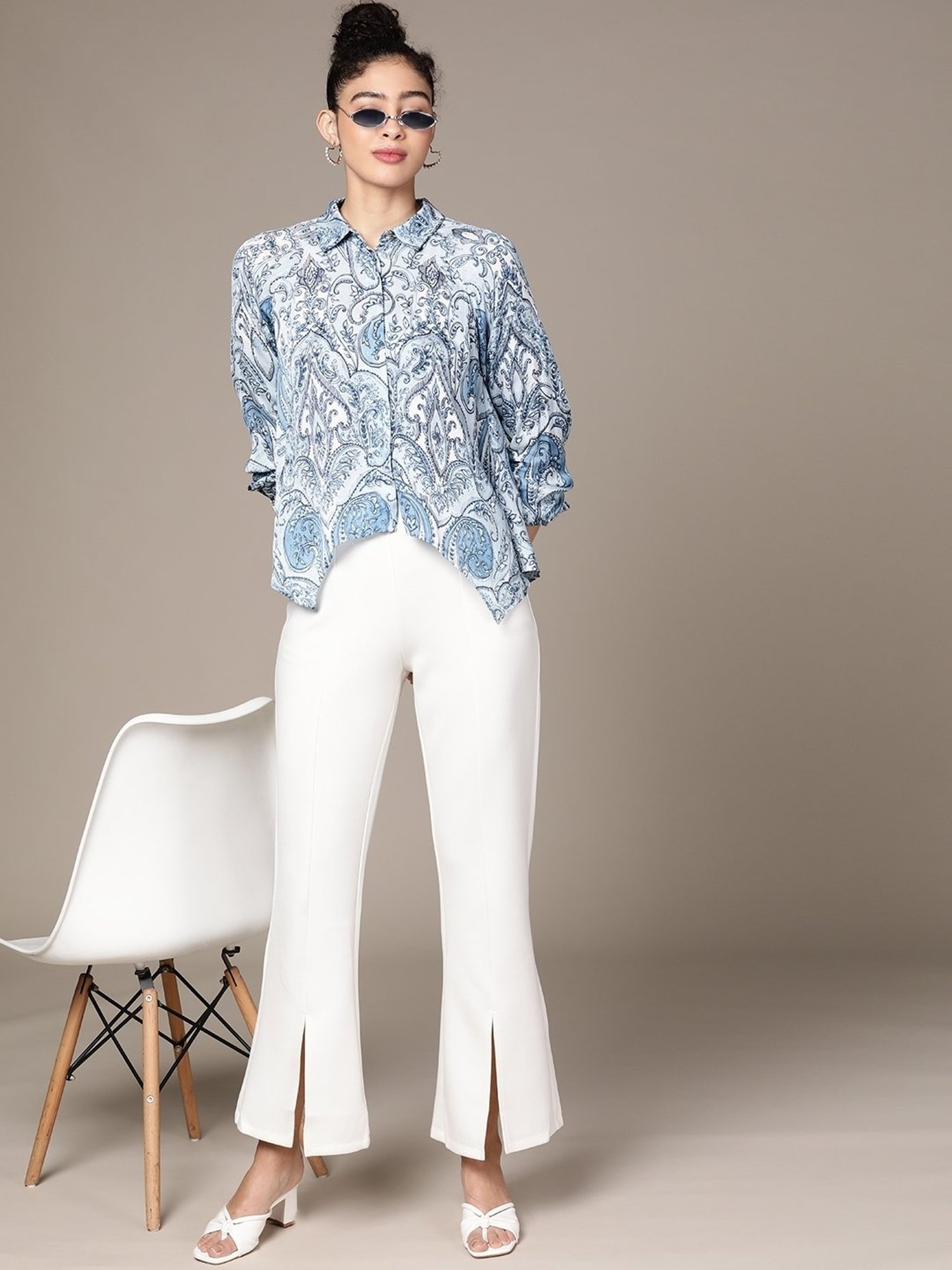 Label Ritu Kumar Blue Satin Printed Asymmetric Satin Shirt