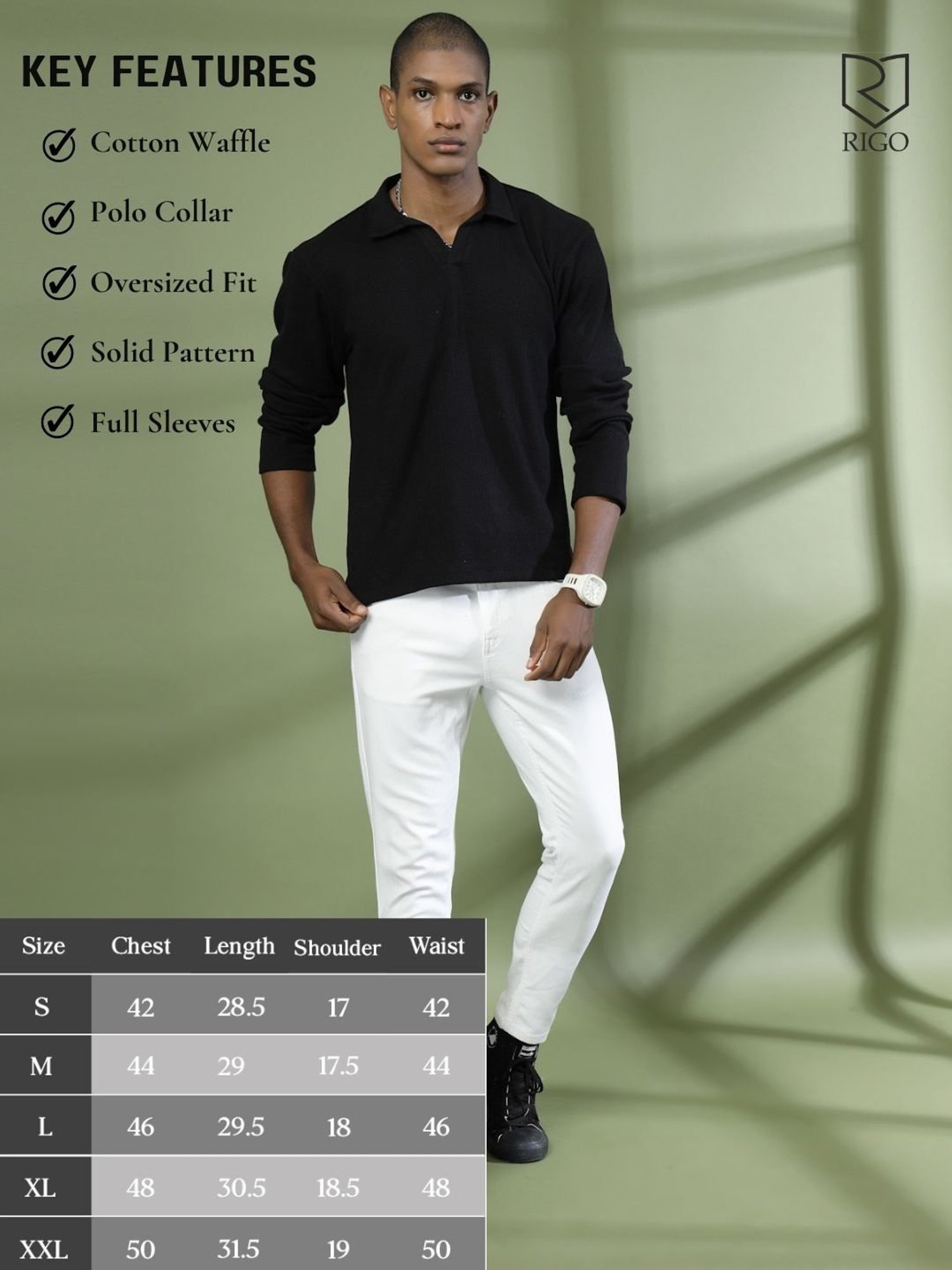 Rigo Black Cotton Boxy Fit Polo T-Shirt