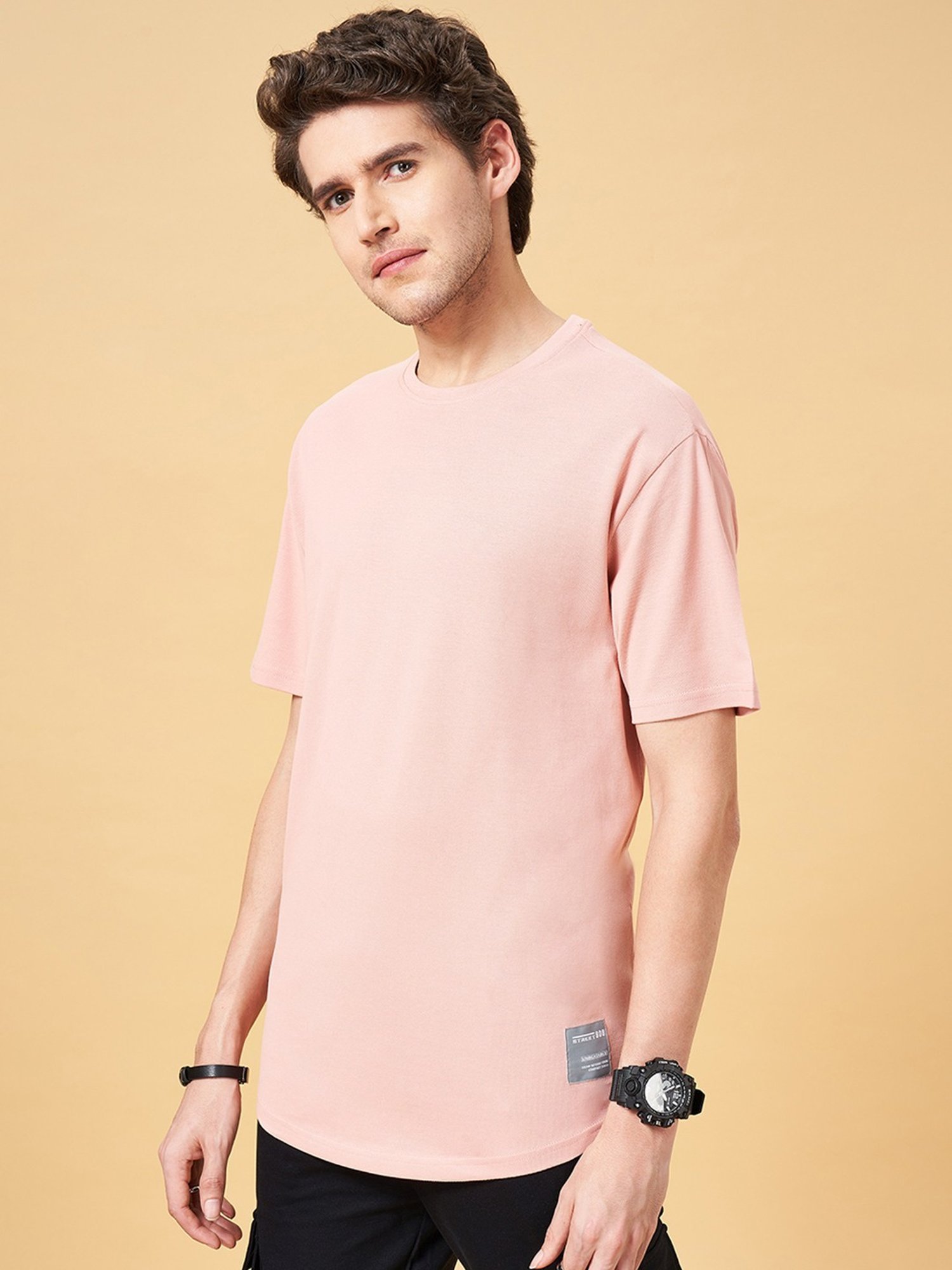 Street 808 by Pantaloons Salmon Pink Cotton Regular Fit T-Shirt