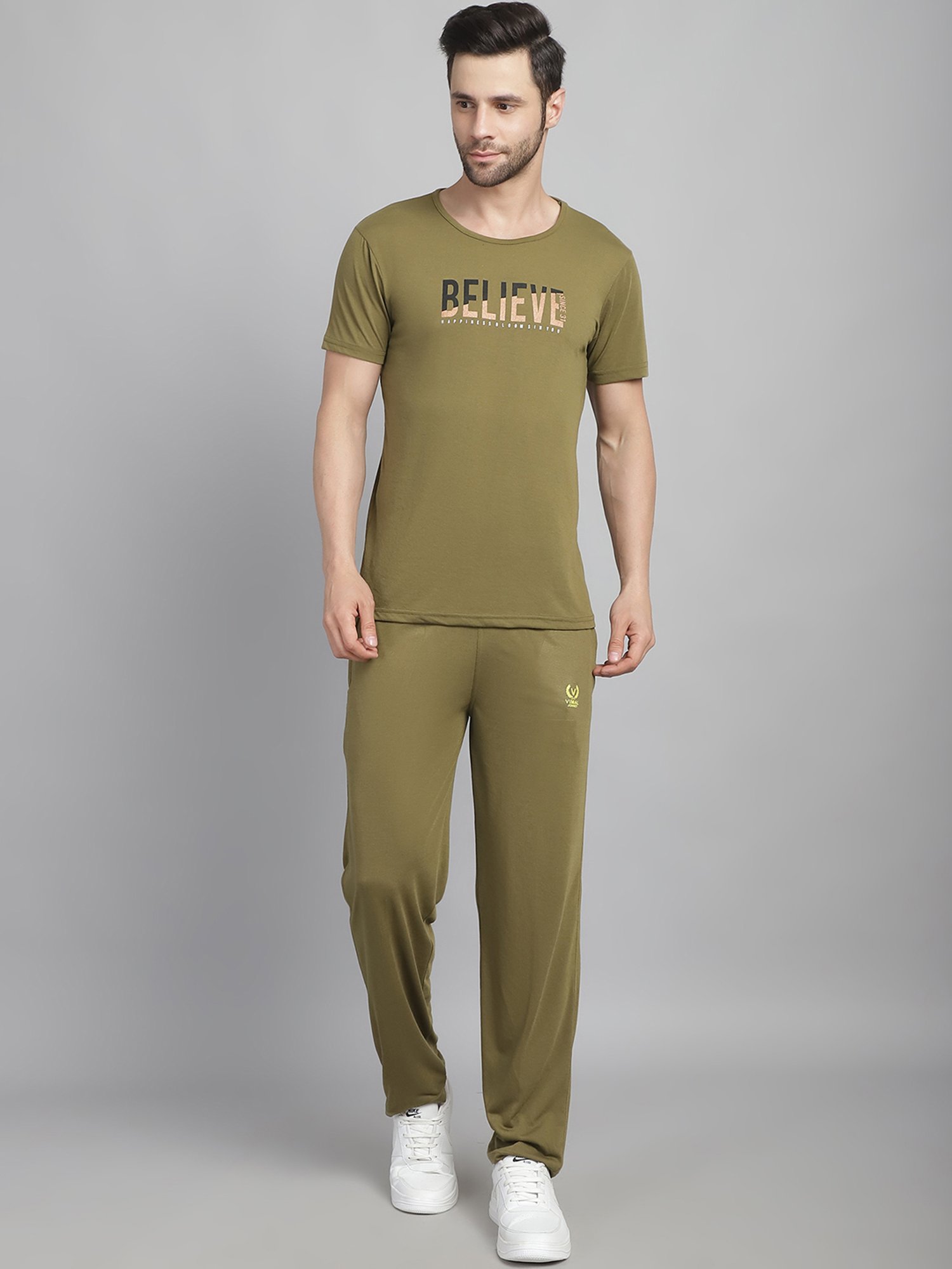 Vimal Jonney Olive Regular Fit Printed T-Shirt & Trackpants Set