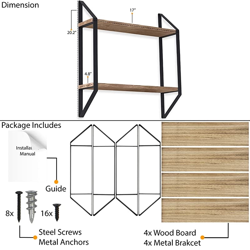 Ponza Floating Shelves for Wall Home Organization and Storage Shelf for Farmhouse Kitchen Decor Natural Burned Rustic Wood Shelf with Metal Brackets Set of 2