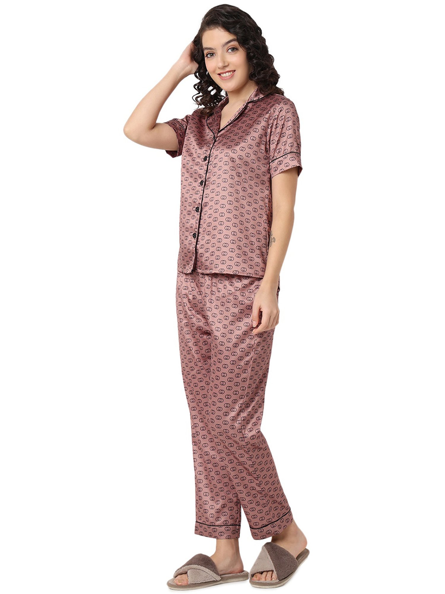 Smarty Pants Brown Satin Printed Shirt With Pyjamas