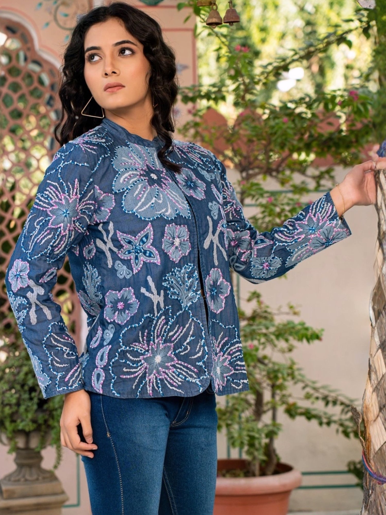 Zolo Label Blue Cotton Embroidered Jacket