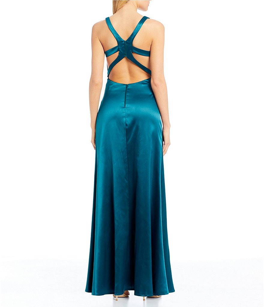 Sequin Hearts V-Neck Satin Cage Back Side Slit Long Dress