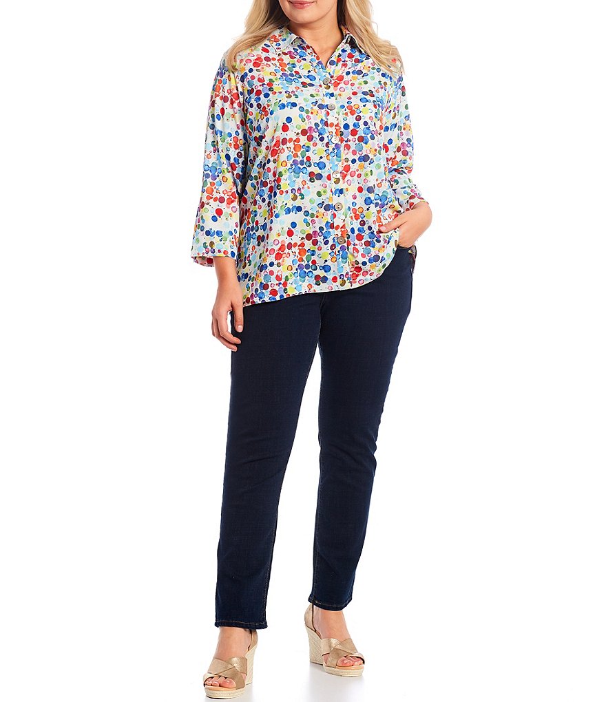 John Mark Plus Size Multicolor Dot Print Point Collar Neck 3/4 Sleeve Hi-Low Button Down Shirt