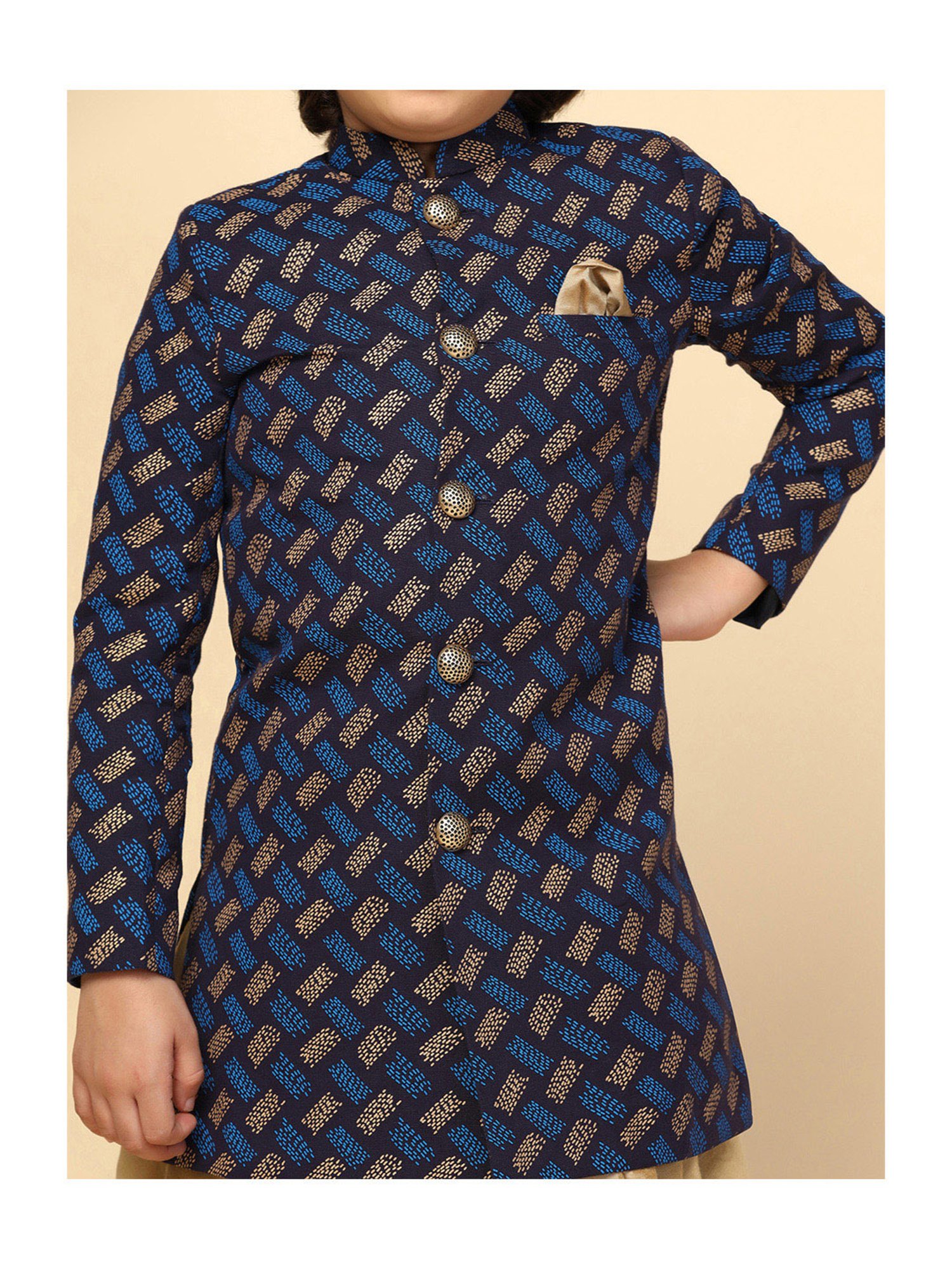 KISAH Boys Blue Printed Full Sleeves Sherwani