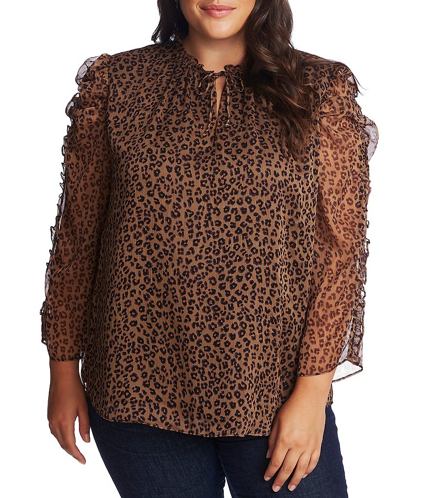 CeCe Plus Size Keyhole Tie Keyhole Neck 3/4 Ruffle Sleeve Detail Leopard Print Blouse
