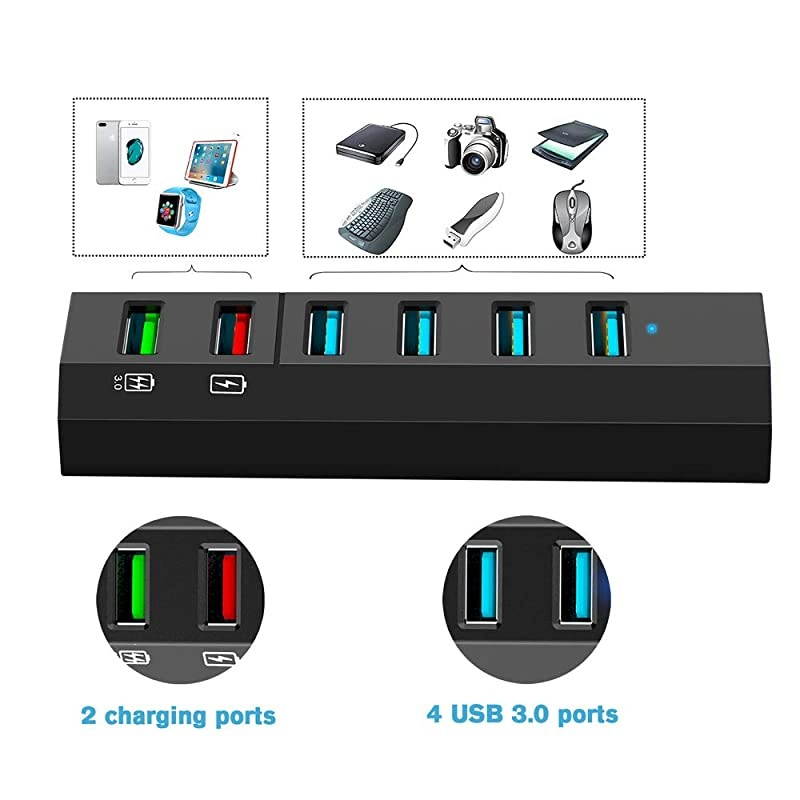USB Hub,  6 Ports Super High Speed USB 3.0 Hub Splitter + 24W Power Adapter + USB 3.0 Cable, Black Smart Fast Charger Powered USB Hub for Laptop, Mac, PC, Mobile HDD, Mulitple Devices