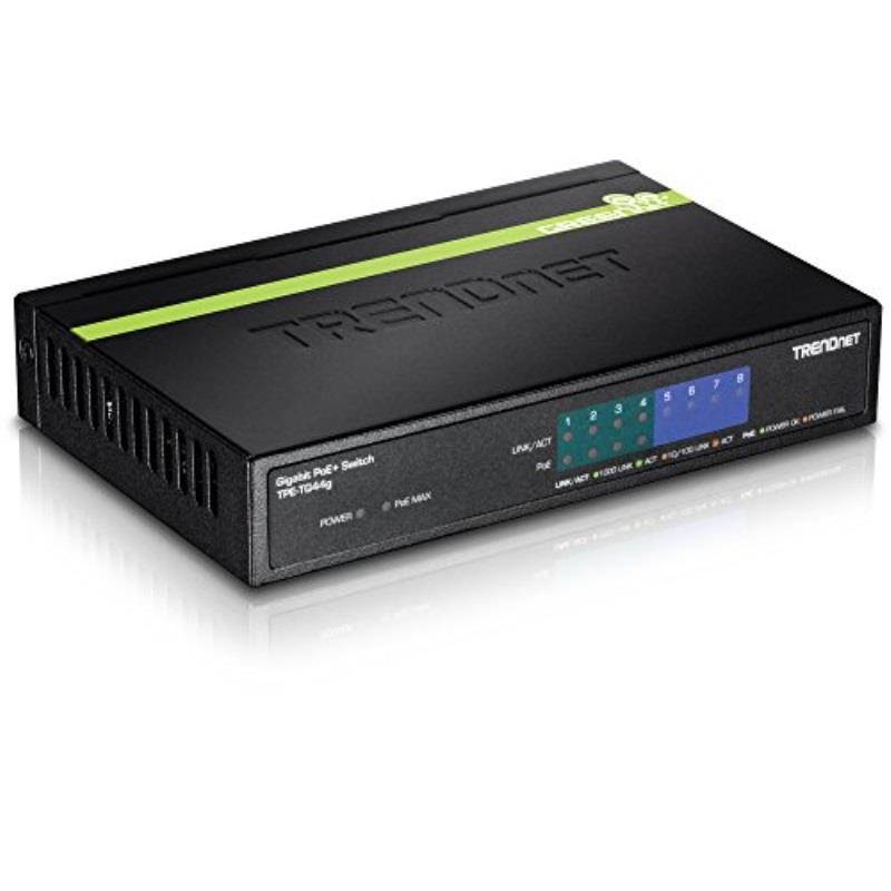 TRENDnet 8-Port Gigabit GREENnet PoE+ Switch, 4 x Gigabit PoE/PoE+ Ports (Up to 30 Watts/Port), 4 x Gigabit Ports, 61 Watt Total Power Budget, 16 Gbps Switching Capacity, TPE-TG44G