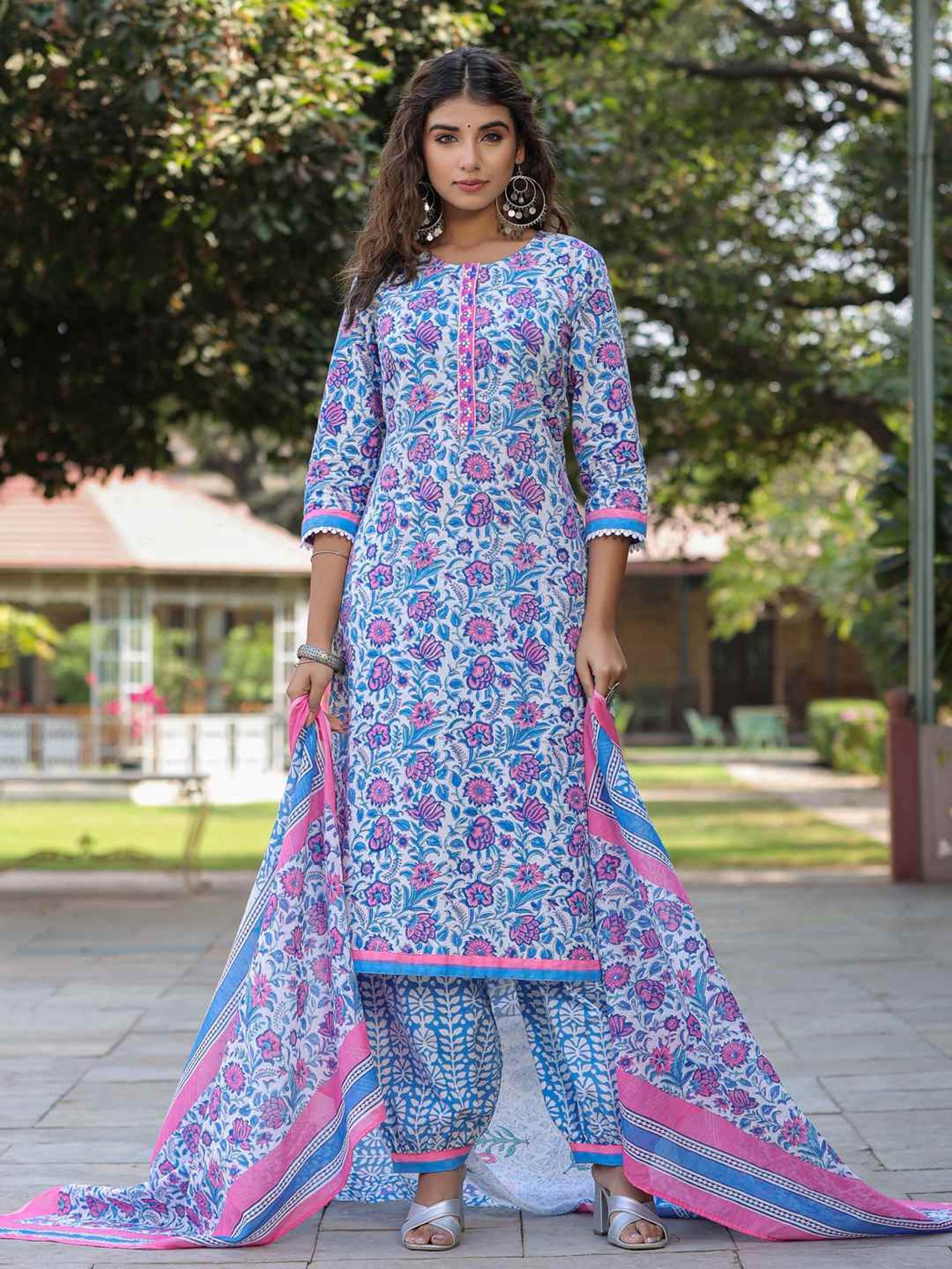 Rain and Rainbow Blue Cotton Embroidered Kurta & Salwar Set With Dupatta