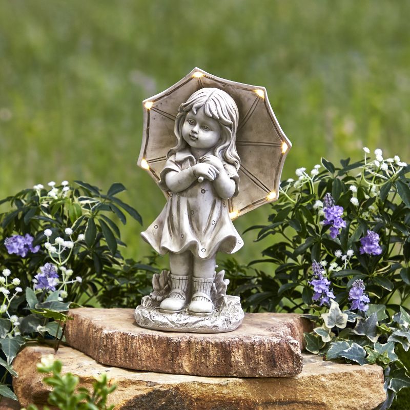 Lakeside Stone Little Girl Garden Statue with Solar Lighted Umbrella