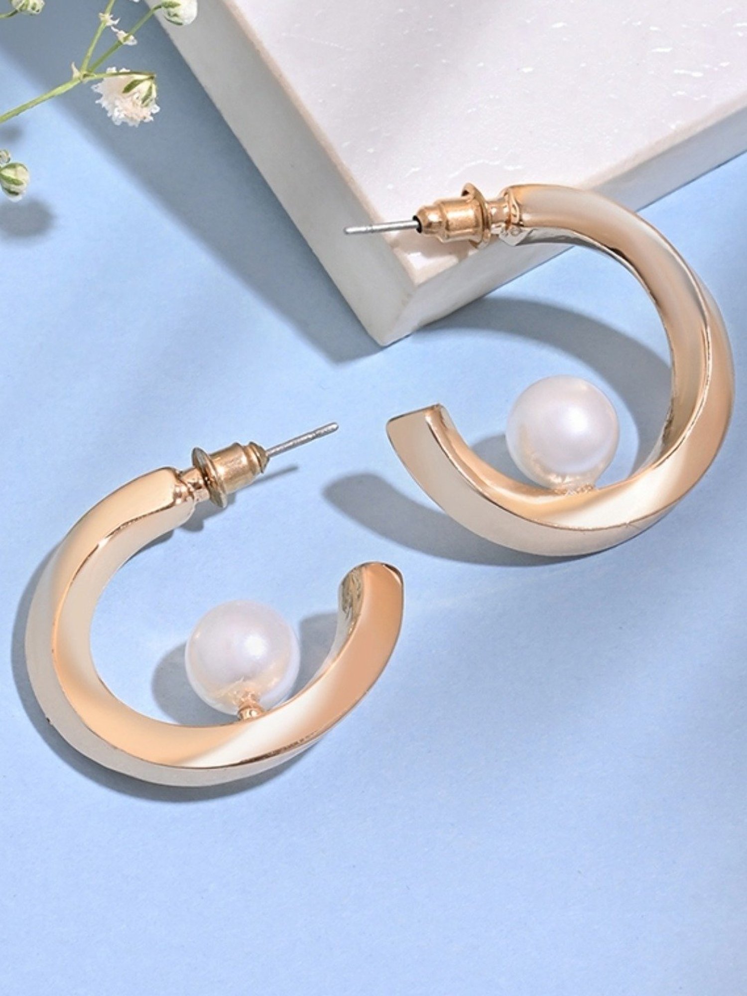 ToniQ Stylish White Pearl Beach Hoop Earrings for Women & Girls