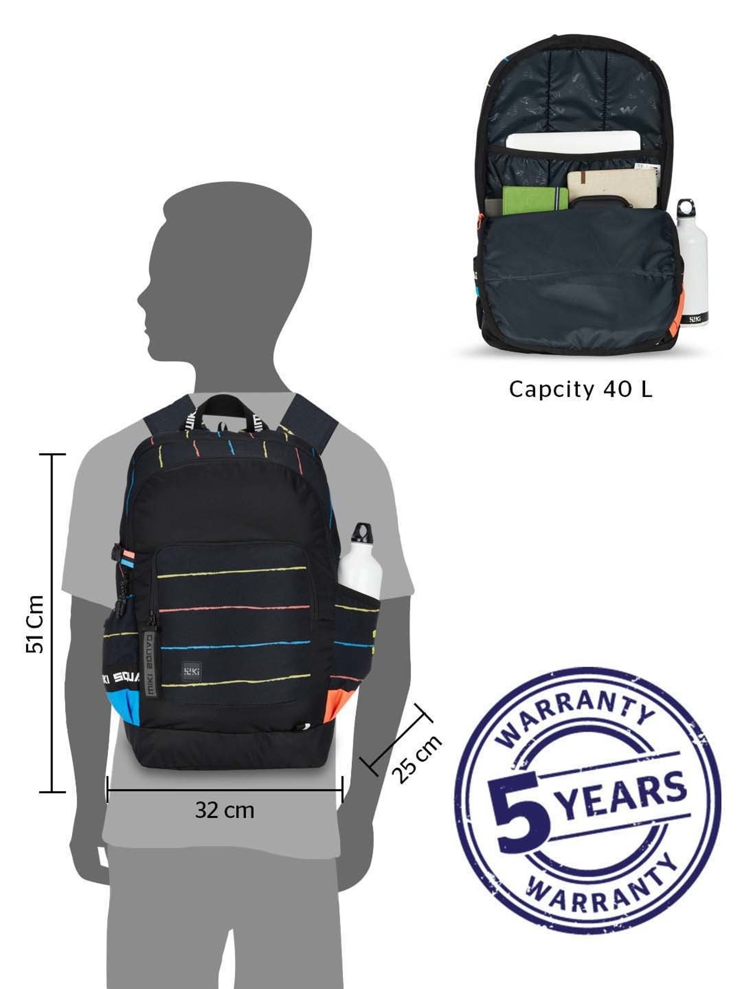 Wiki 40 Ltrs Black Medium Backpack
