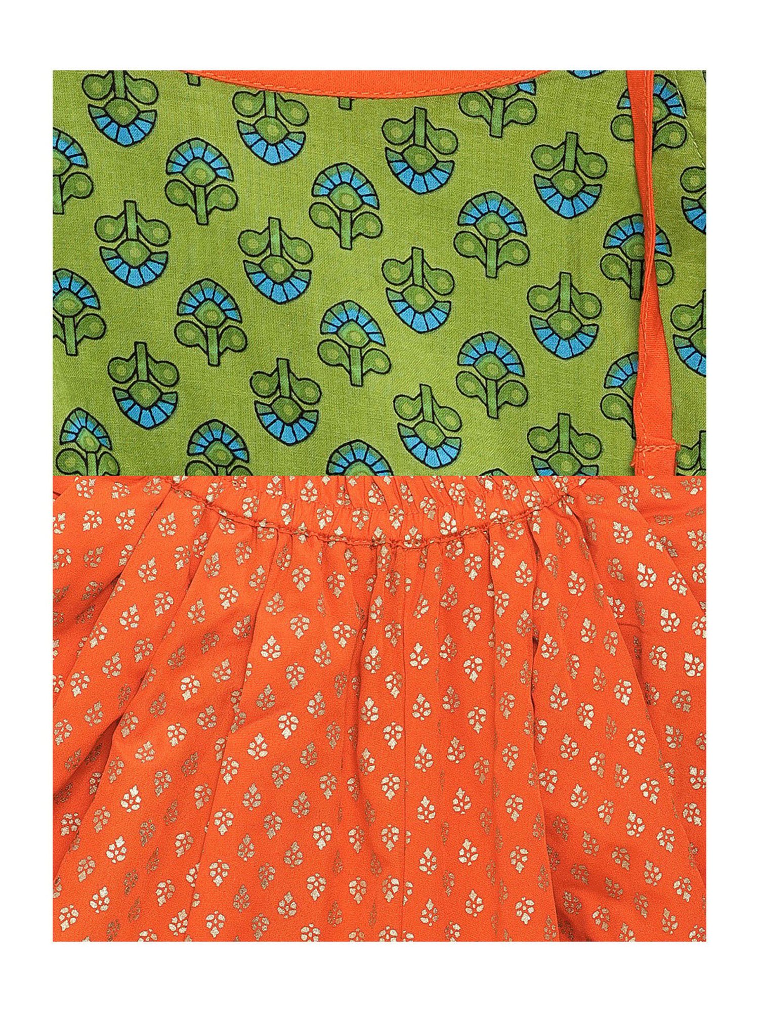 TWISHA Kids Green & Orange Floral Print Top with Dhoti