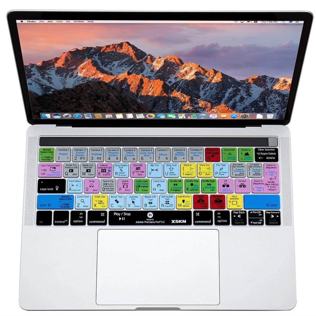 XSKN Adobe Premiere English Shortcut Silicone Keyboard Skin Cover for 2016 Touch Bar MacBook Pro 13 (A1706) & MacBook Pro 15 (A1707), US EU Layout