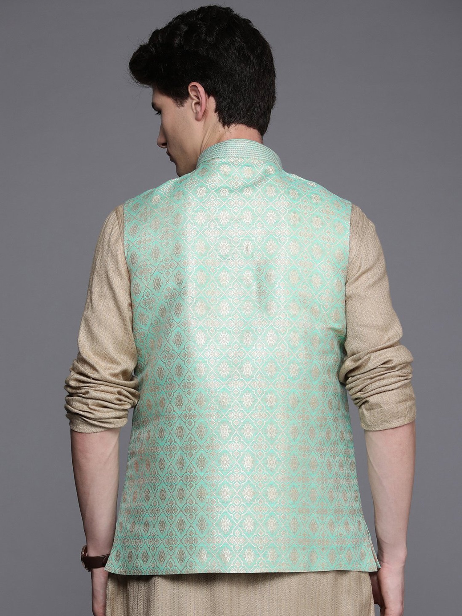 Manyavar Green Regular Fit Self Design Nehru Jacket