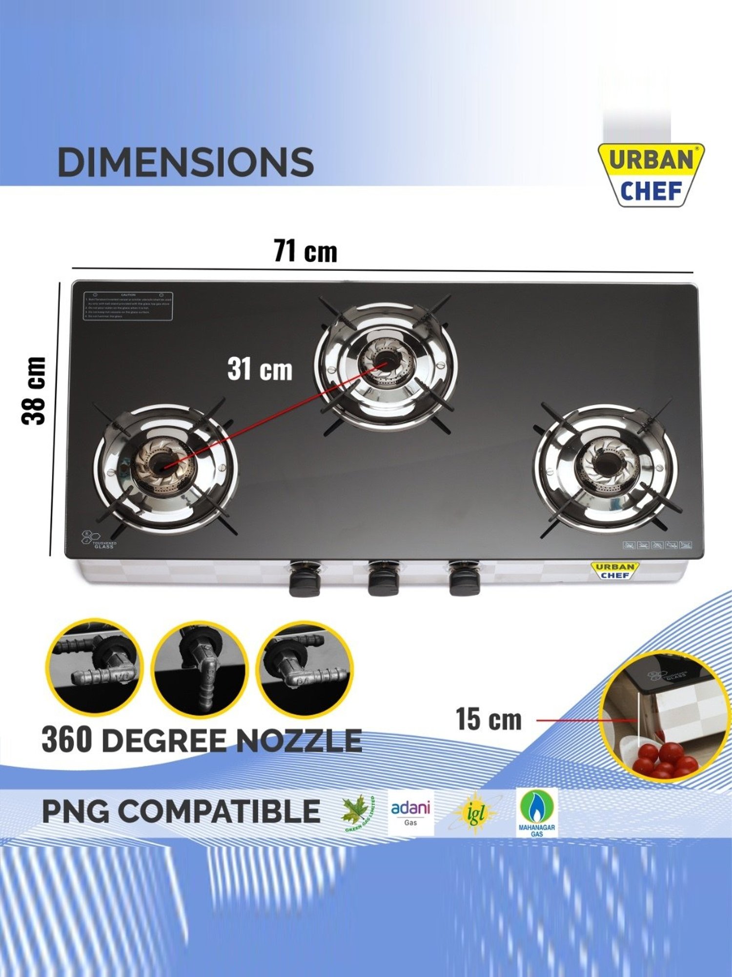 Urban Chef Gas Stove with 3 Burners ( Black )