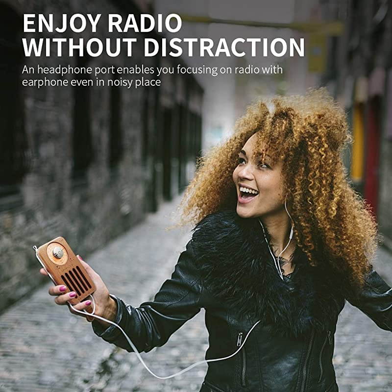 Portable Radio Pocket Retro Cherry Wood Radio with Headphone Jack Best Reception Battery Operated Personal Transistor by 2 AA Battery for Travelling Jogging and Walking