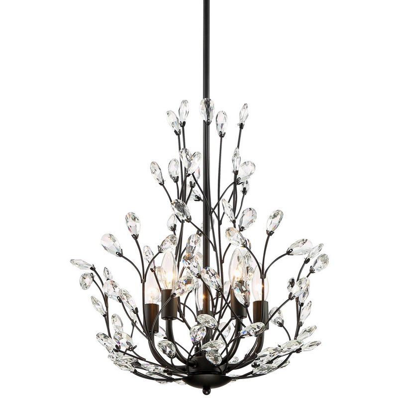 Regency Hill Aurine 18" Wide Matte Black and Crystal Floral 5-Light Chandelier
