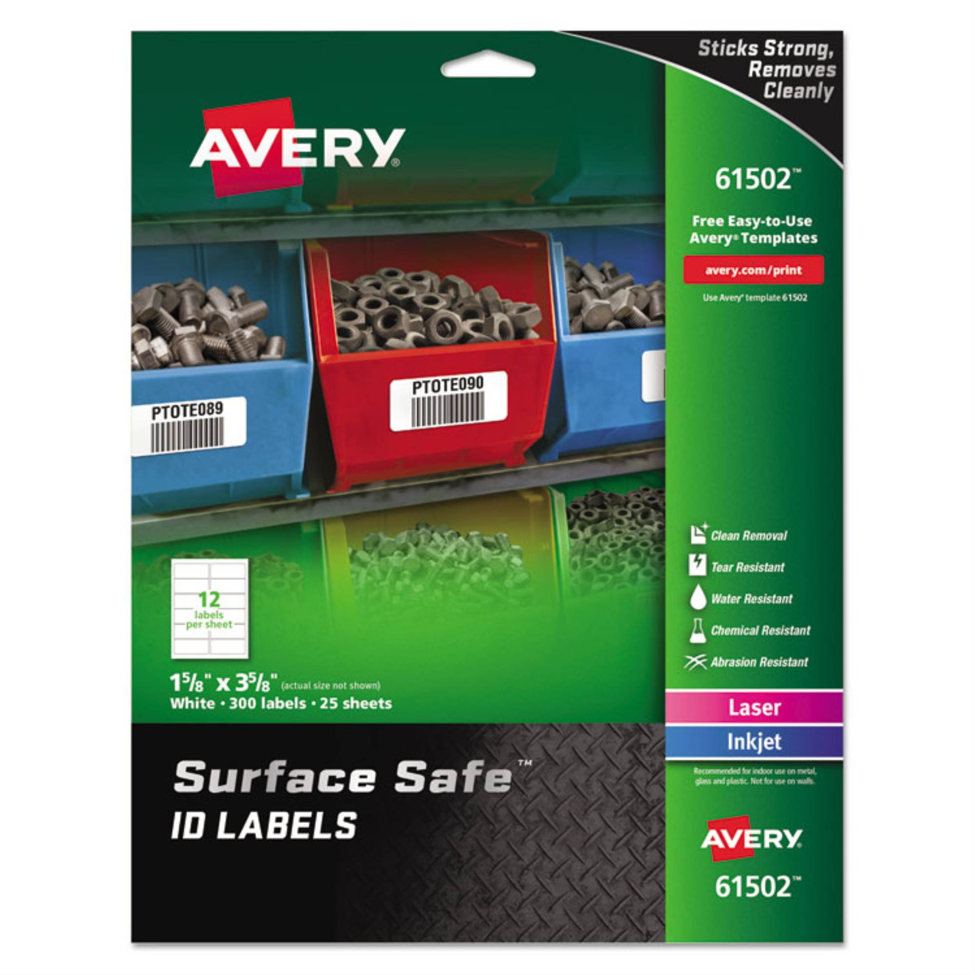 Avery Surface Safe ID Labels ,LABEL,SS,15/8X35/8,300,WH