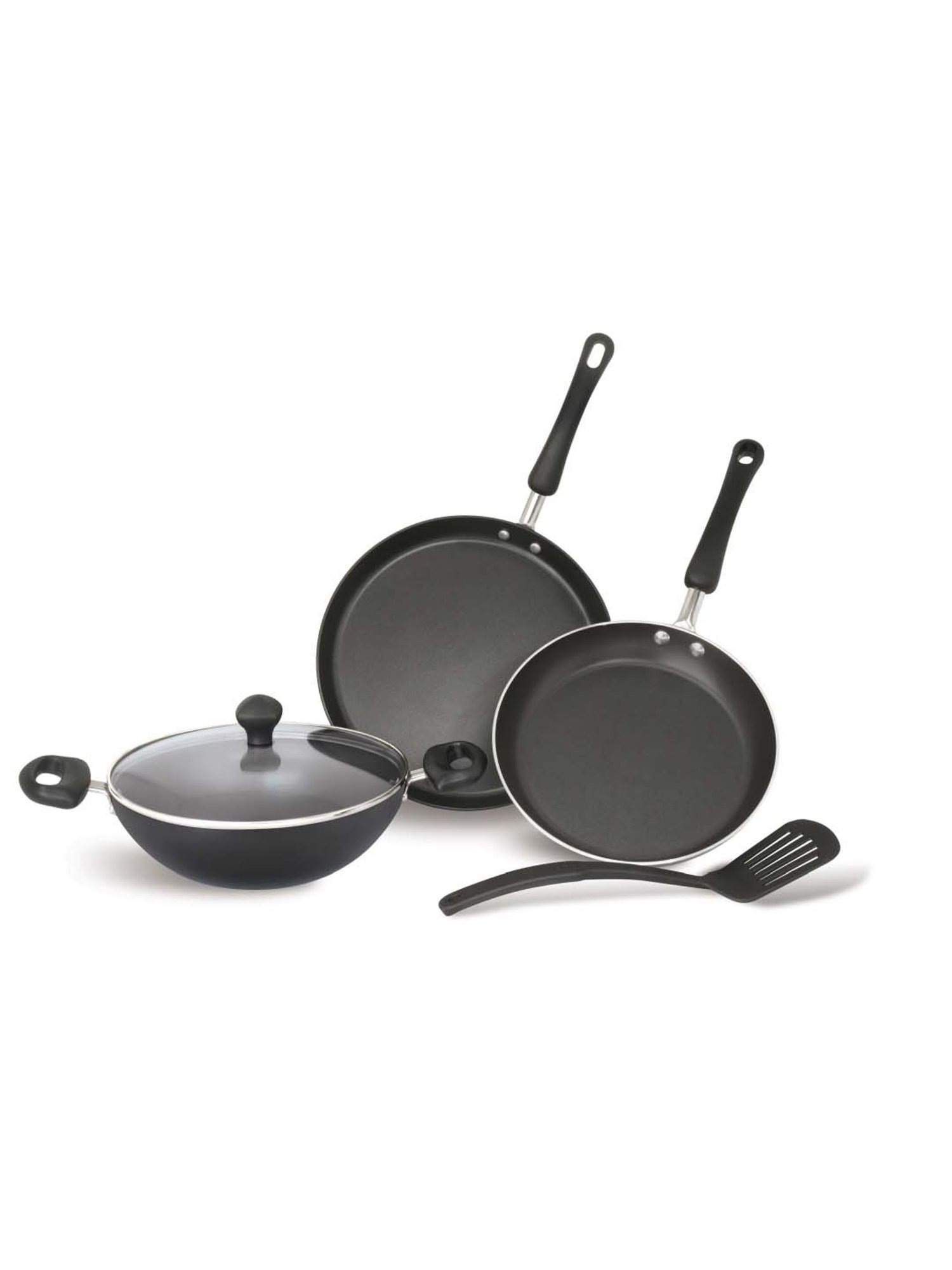 Meyer Non-Stick 5pcs Set (28cm Flat Dosa Tawa + 24cm Frypan + 24cm Kadai With Lid + Nylon Turner)