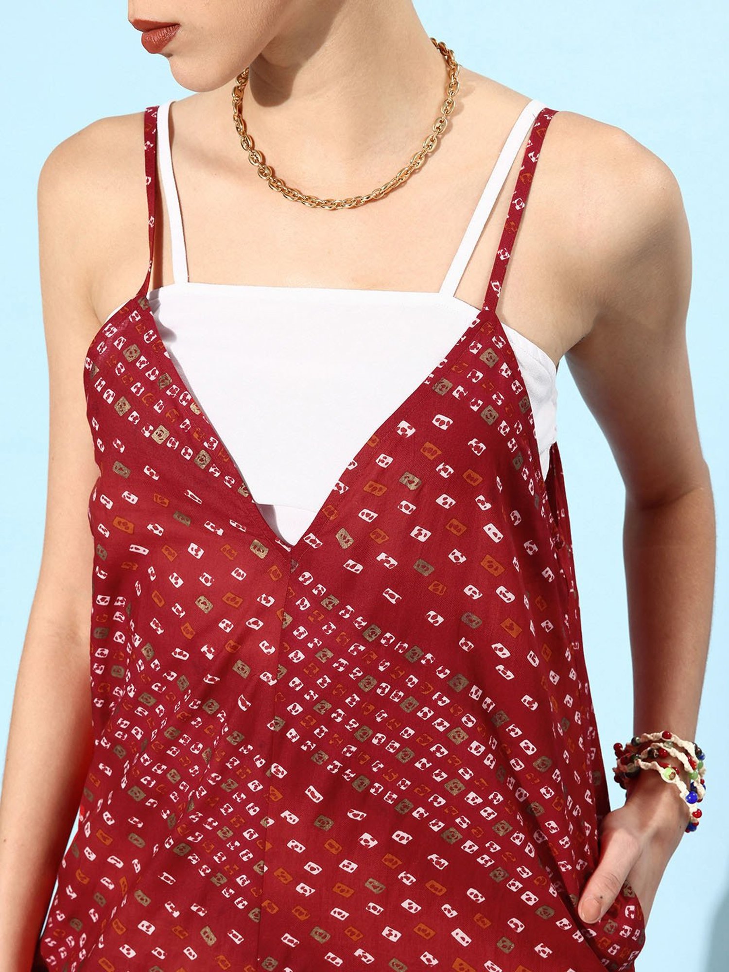 QUIERO Red Cotton Printed Jumpsuit