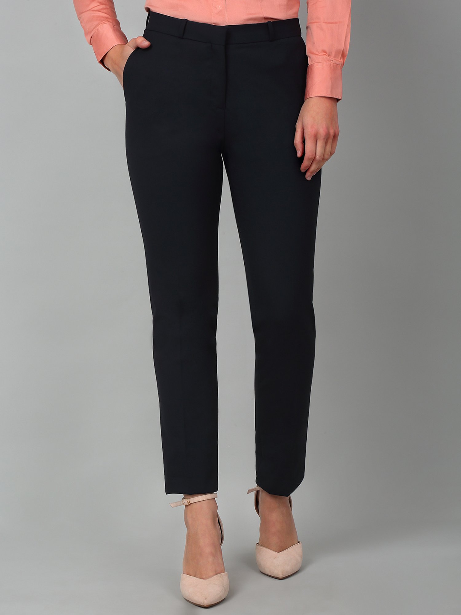 Cantabil Navy Cotton Lycra  Regular Fit Mid Rise Trousers