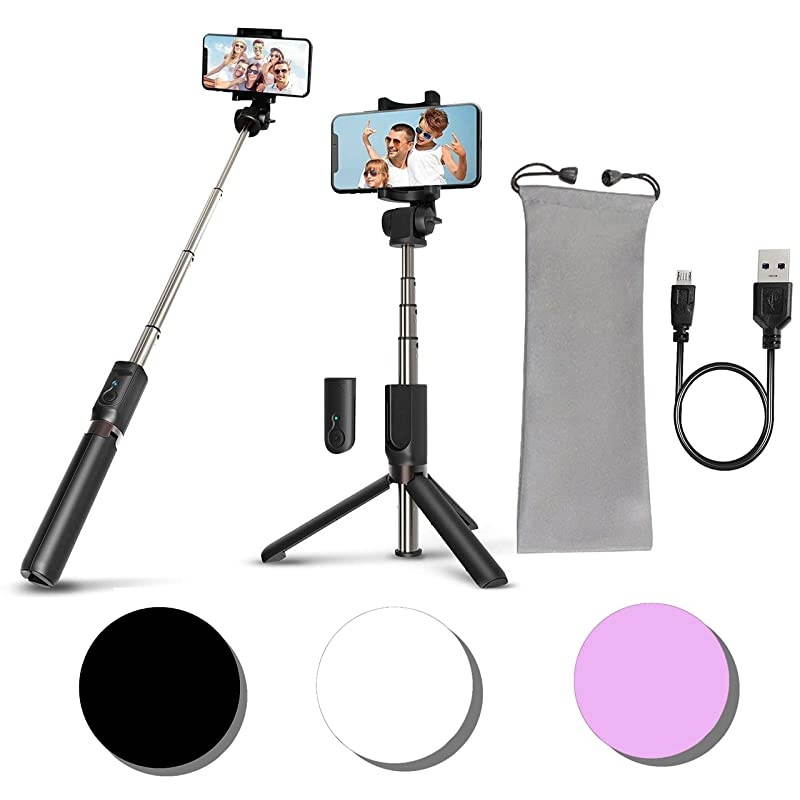 Selfie Stick Tripod with Bluetooth Wireless Remote Shutter Control Pouch Extendable Adjustable Stand Mount Light-Weight V-Log Compatible with All Apple iPhone, Samsung Galaxy (Black)