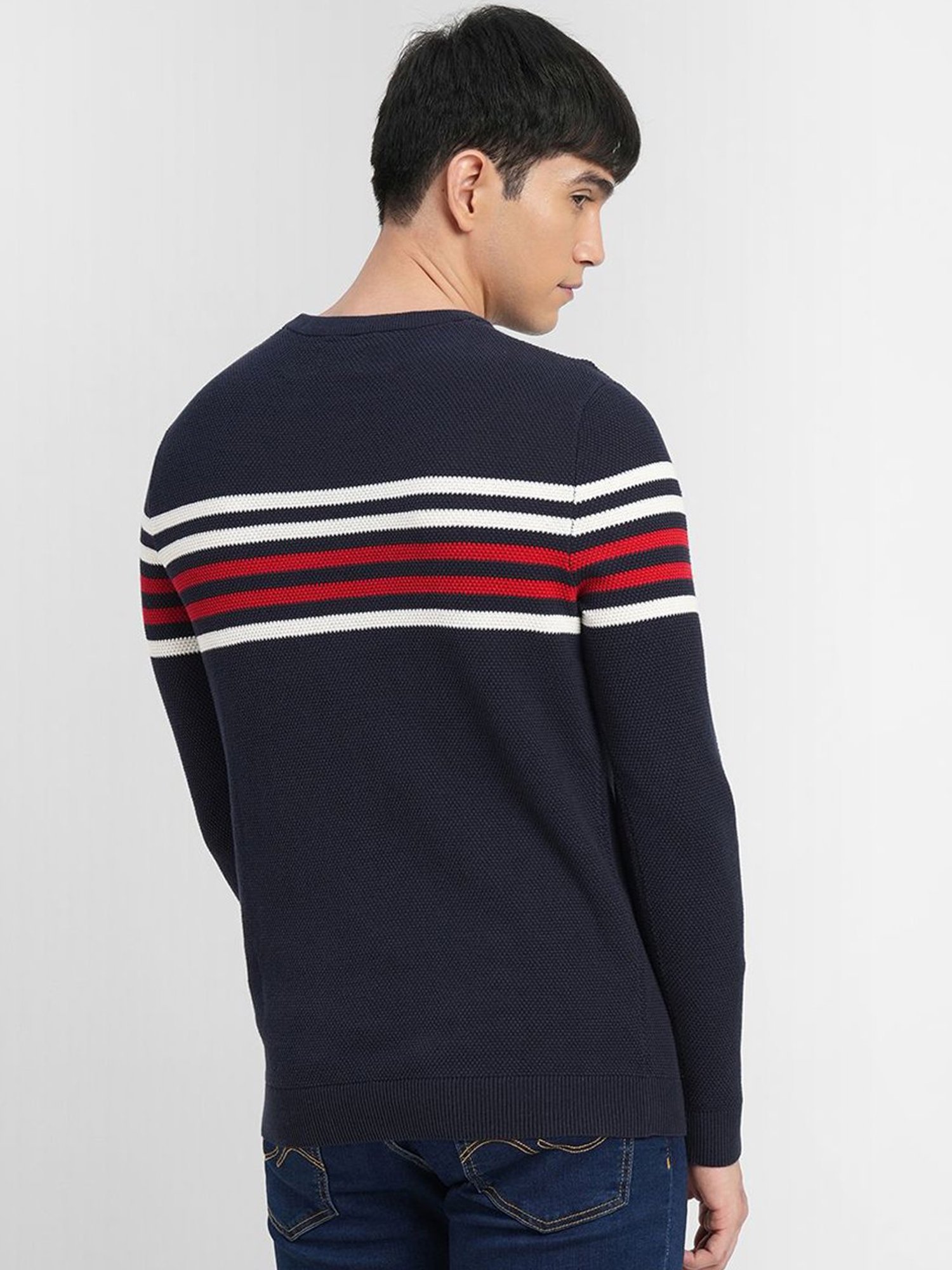 Jack & Jones Navy Blue Cotton Slim Fit Striped Sweater