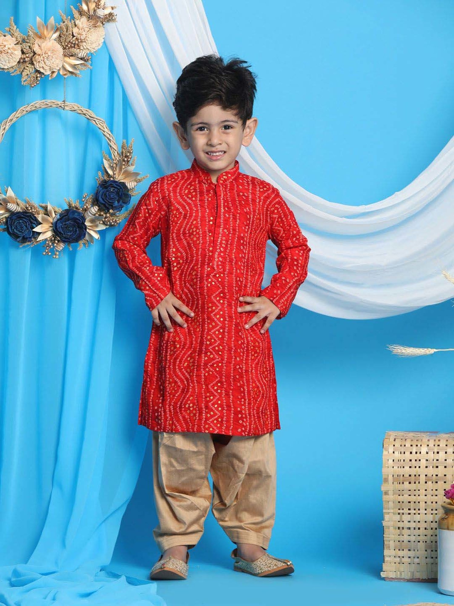 VASTRAMAY Boys Maroon & Rose Gold Printed Full Sleeves Kurta Sets