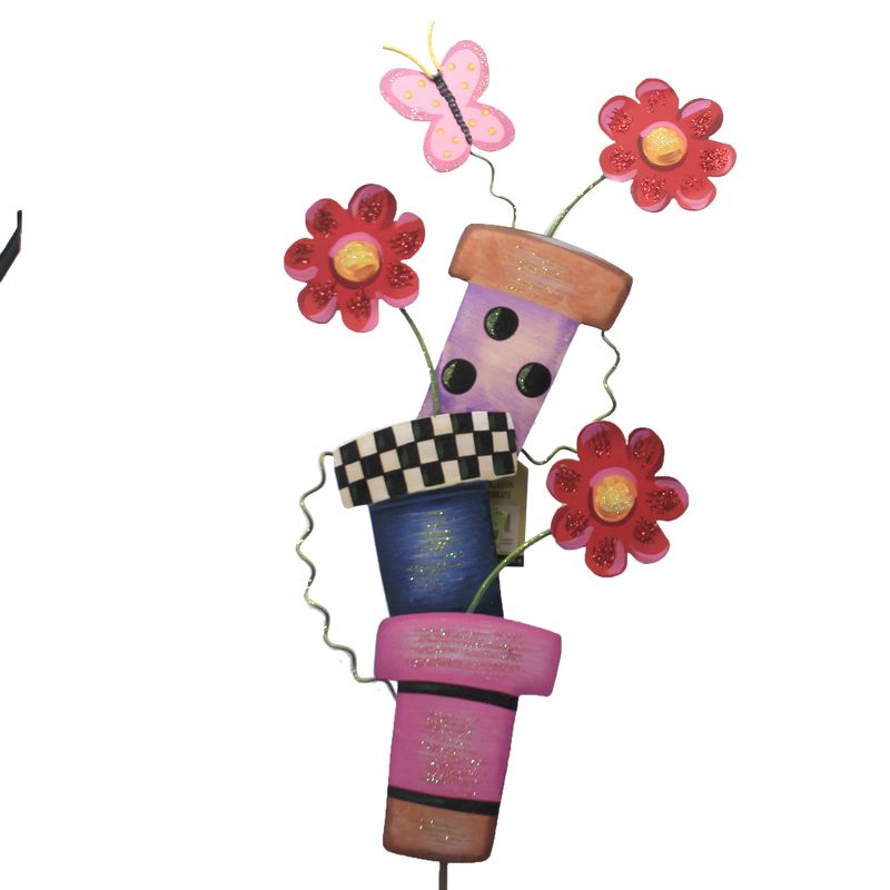 Home & Garden 38.5" Three Pot Stack Butterfly Flowers Round Top Collection  -  Decorative Garden Stakes