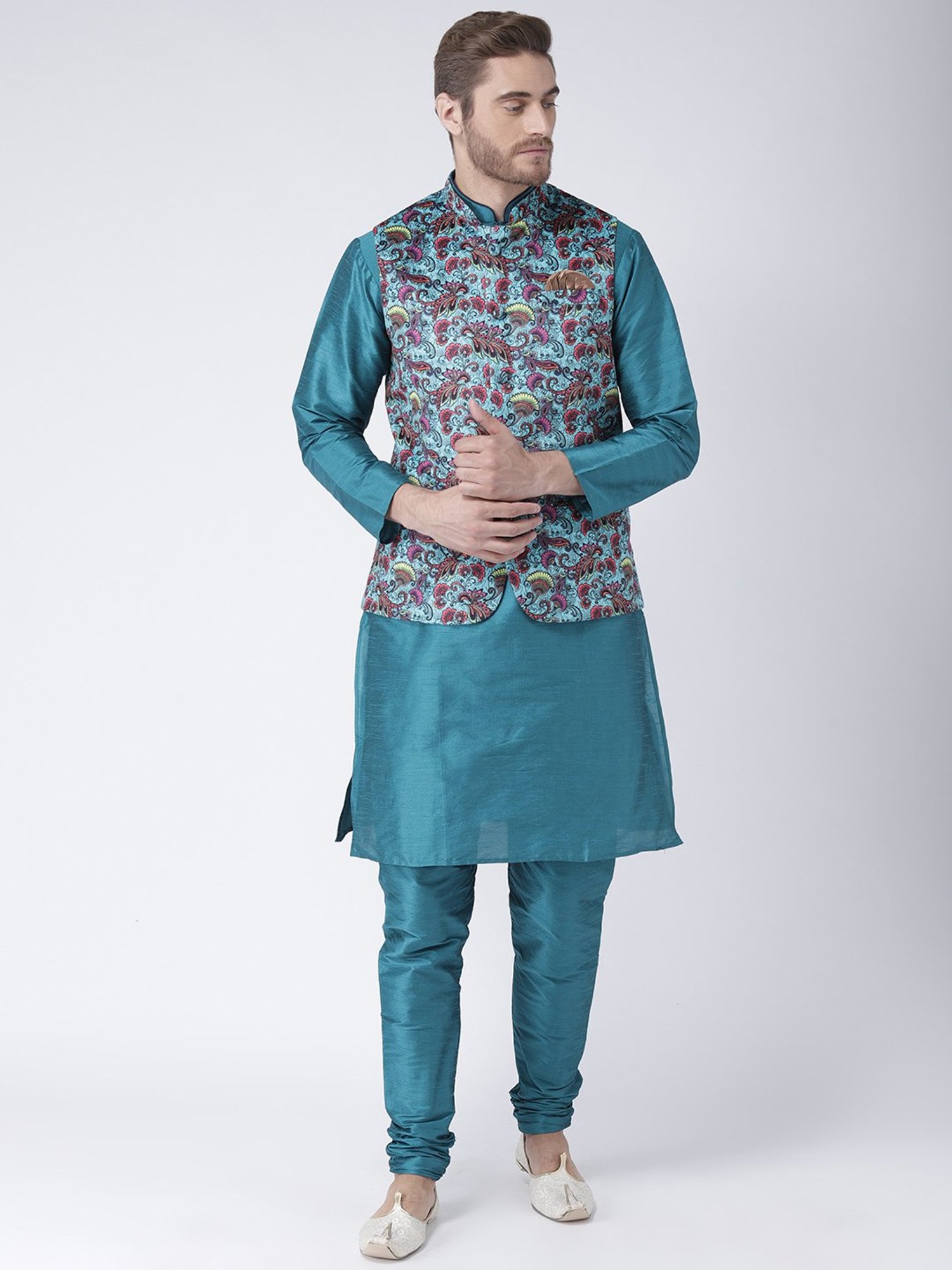 VASTRAMAY Teal Green Regular Fit Printed Nehru Jacket