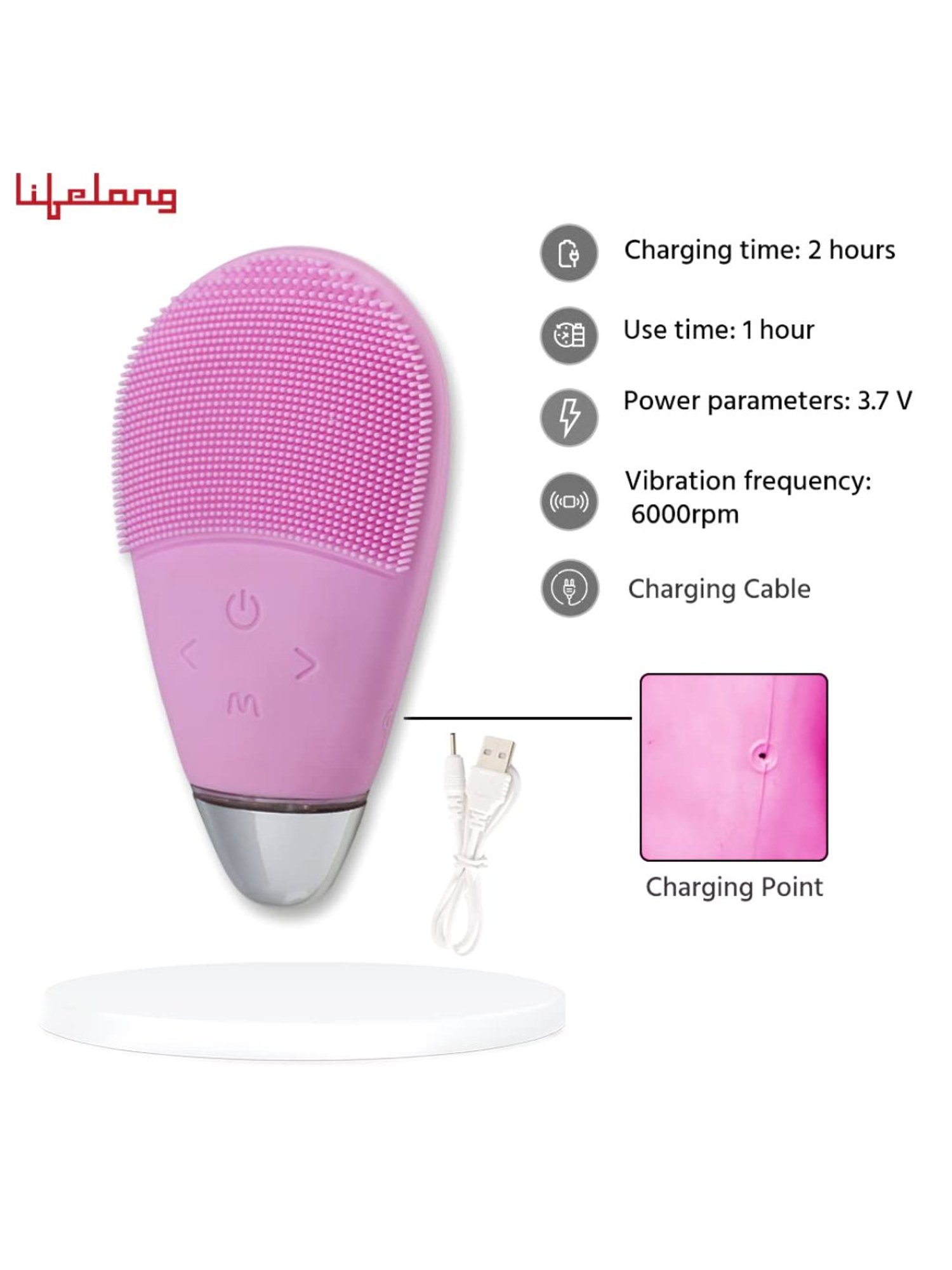 Lifelong LLM342 Facial Cleansing Massager Brush, Rechargeable Electric Handheld Face Massager (Pink)