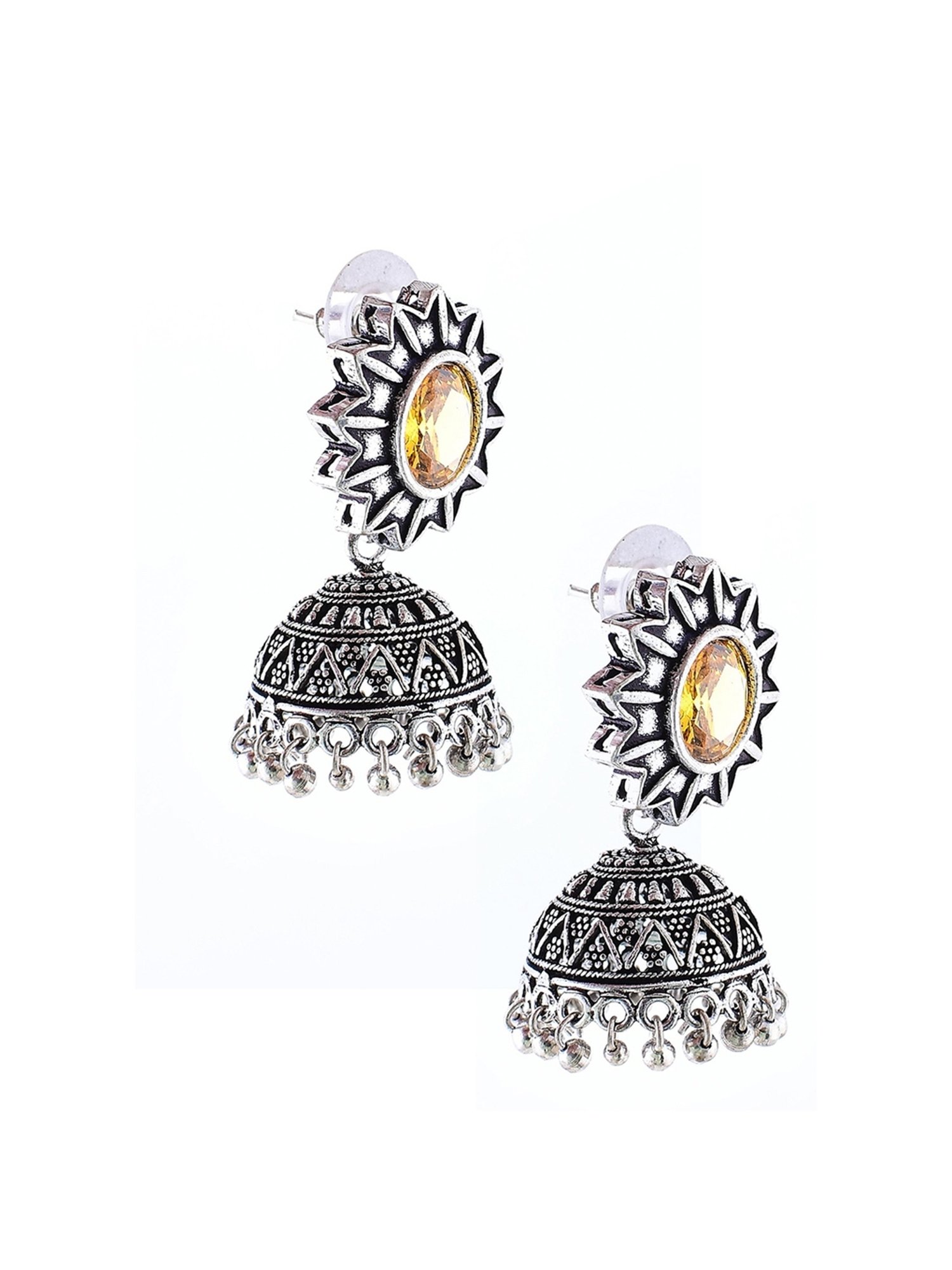 Imli Street Yellow Silver Tone Stone-Studded Handcrafted Jhumki Earrings