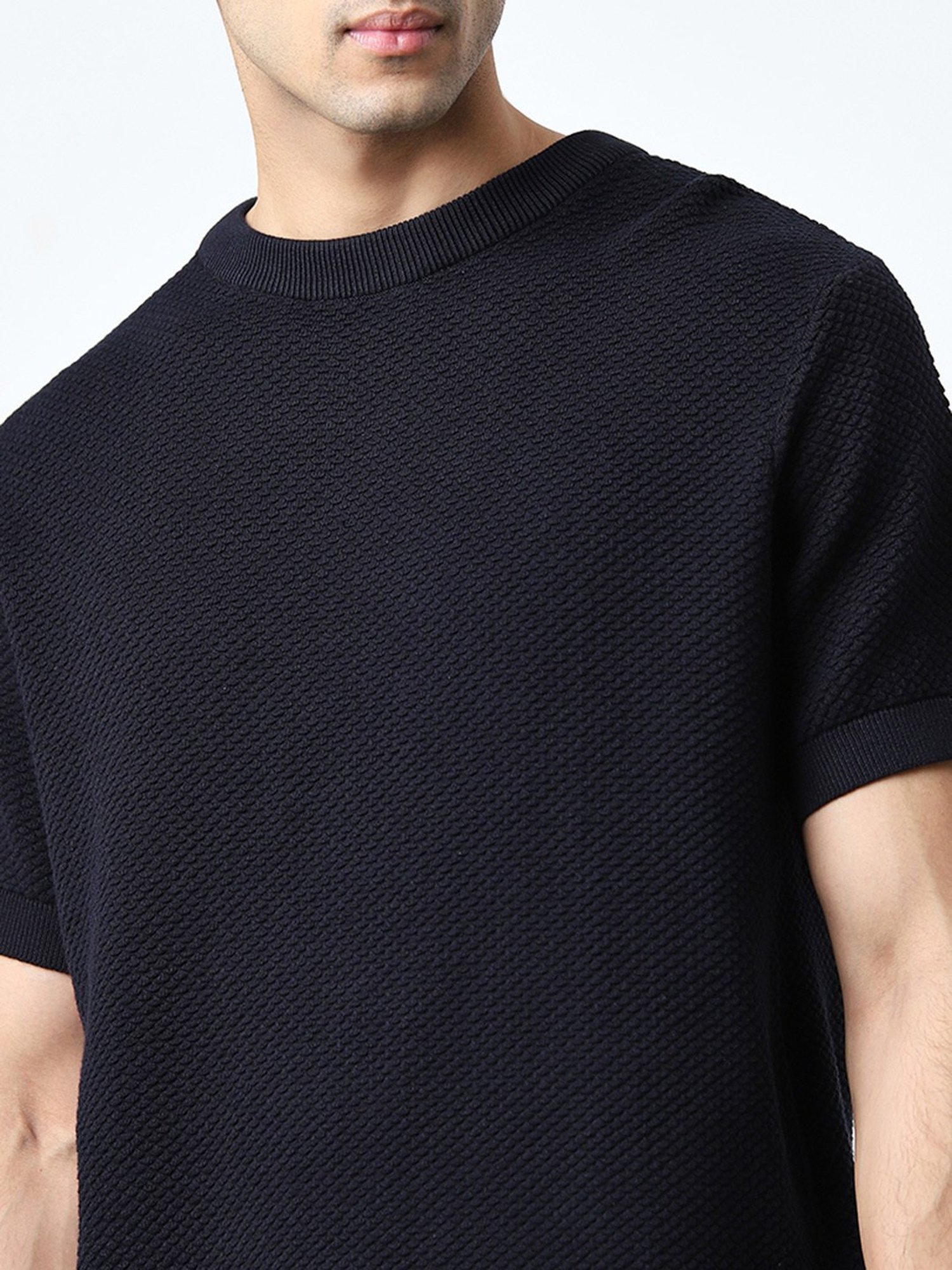 Ascot by Westside Dark Navy Knit Textured Relaxed-Fit Cotton T-Shirt