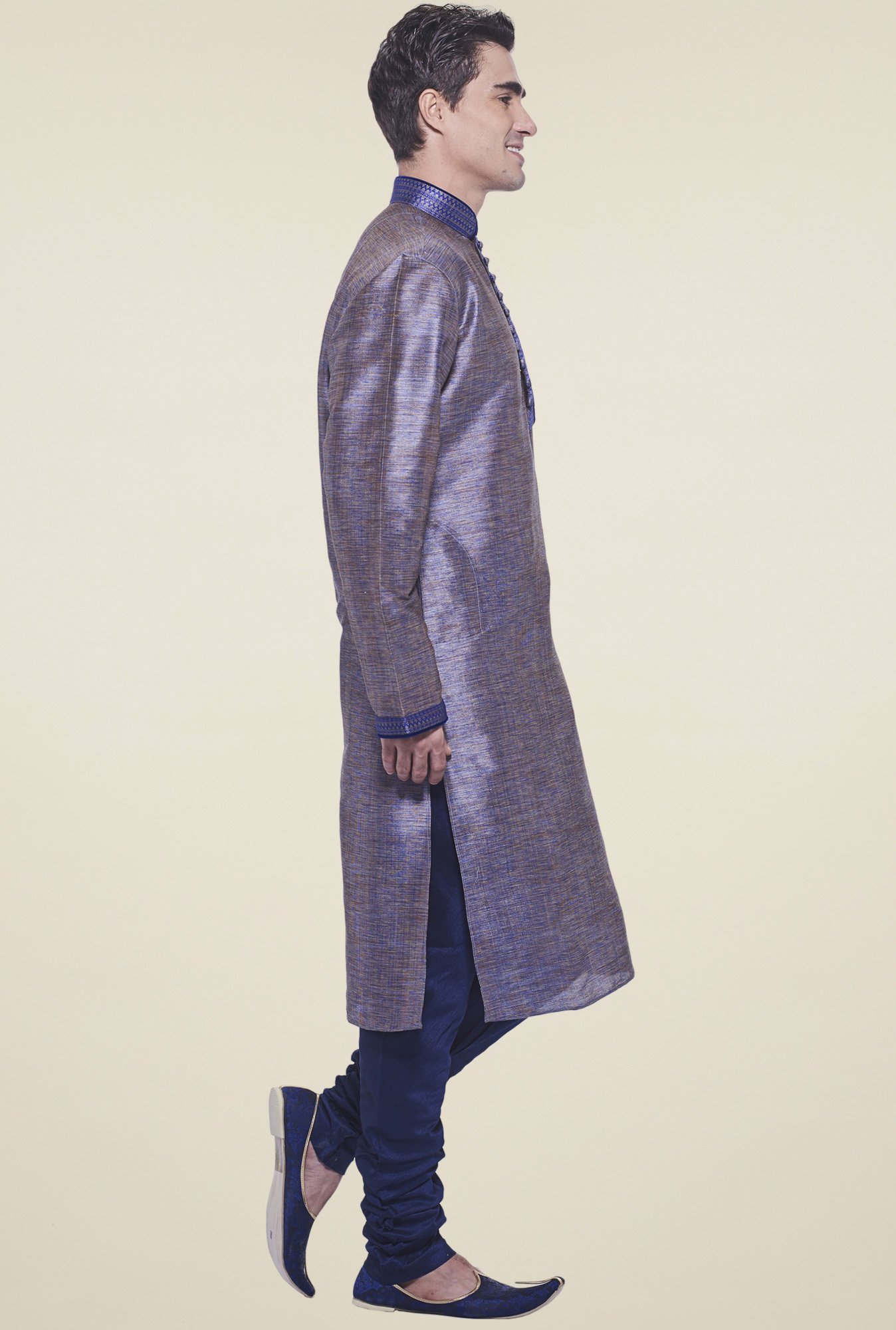 Manyavar Dark Blue Mandarin Collar Kurta Set