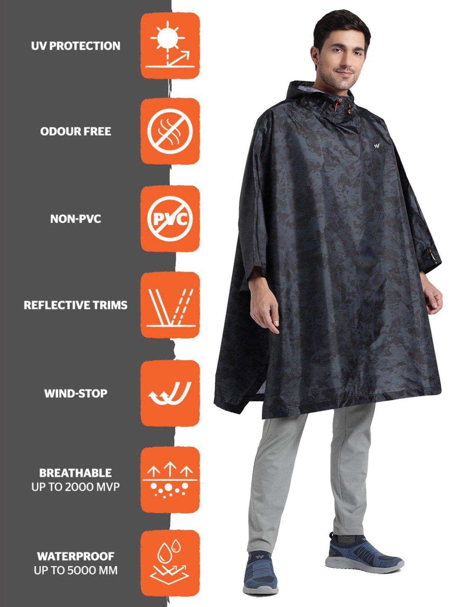 Wildcraft Black Camo Print Hooded Rain Coat