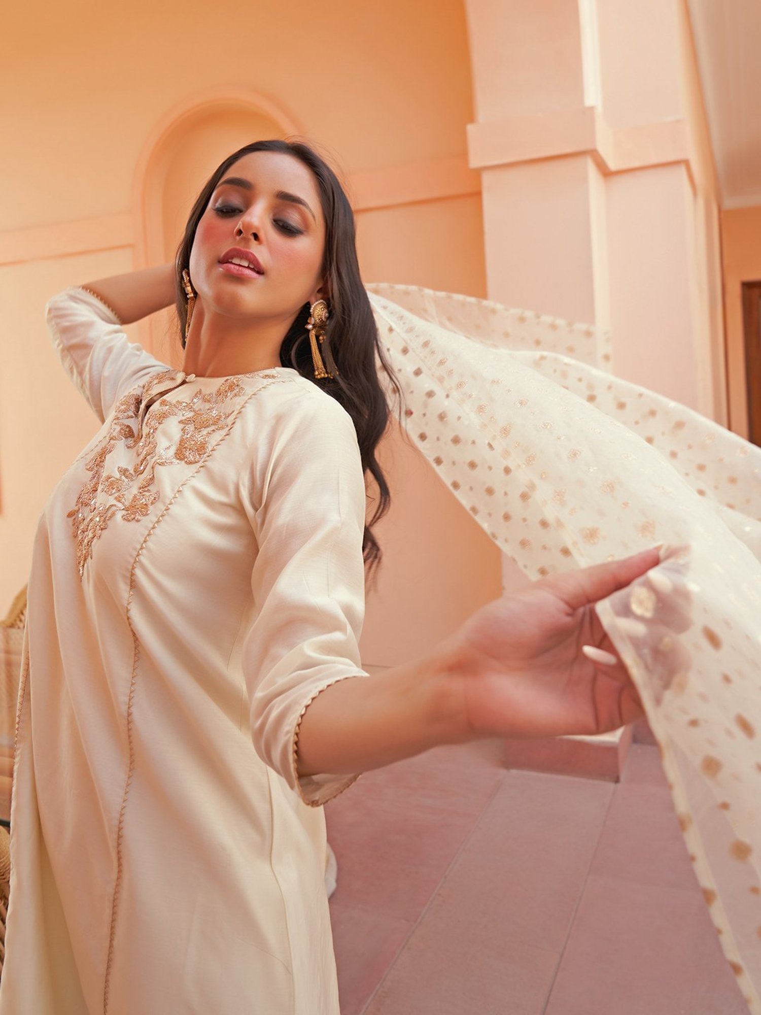 Janasya Off-White Embroidered Kurta Palazzo Set With Dupatta