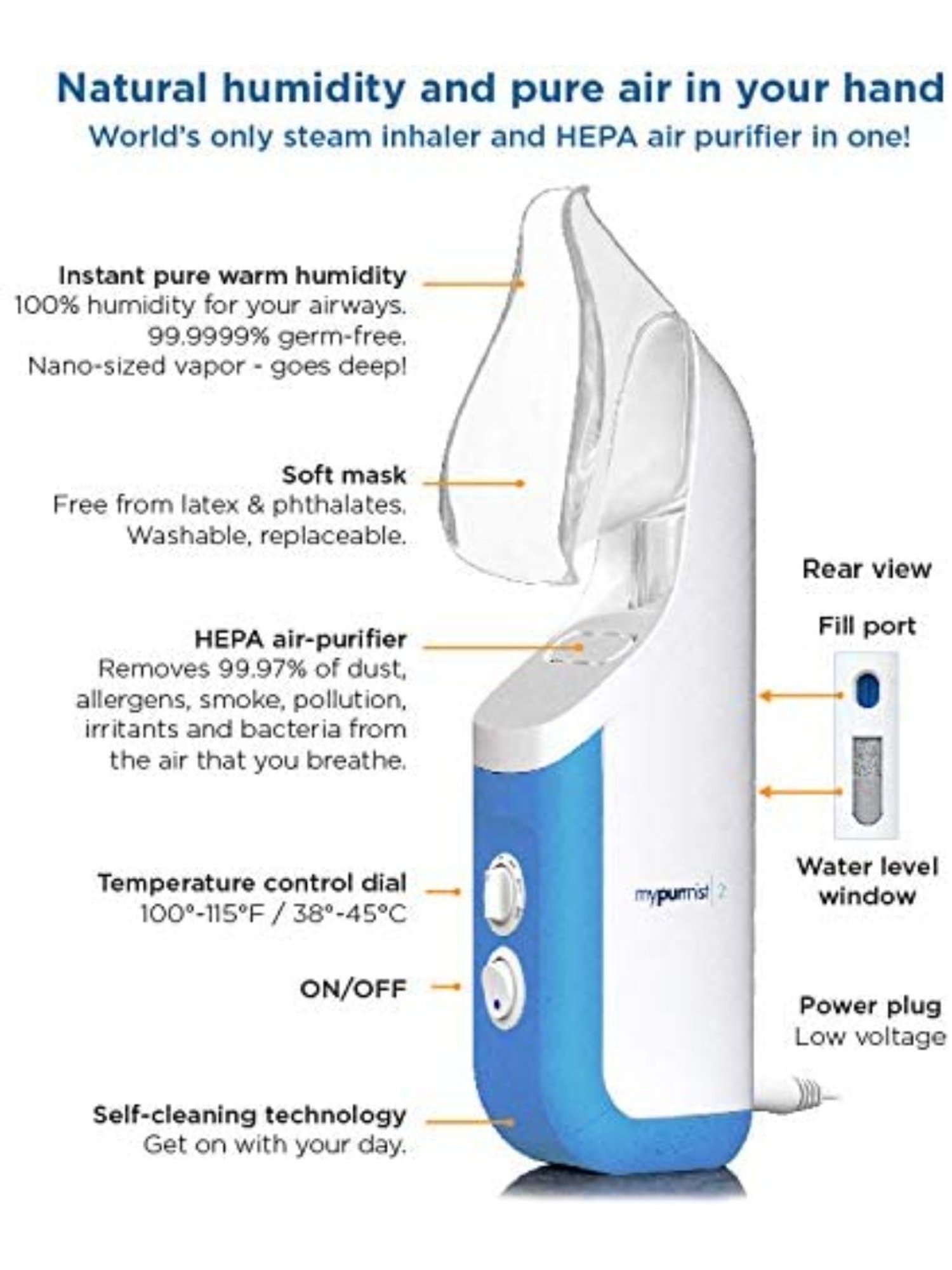 Mypurmist 2 Steam Inhaler & Air Purifier in one - Handheld Steamer