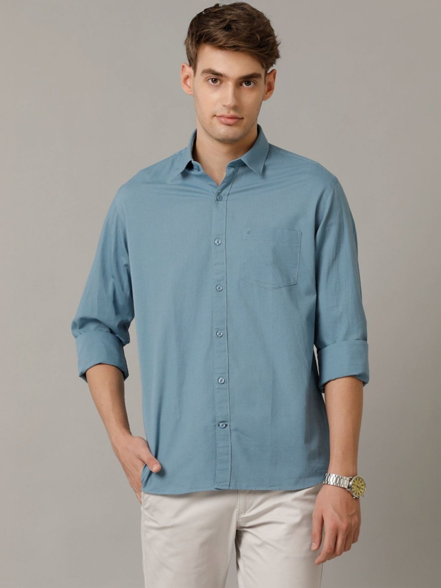 Cavallo By Linen Club Blue Linen Contemporary Fit Shirt